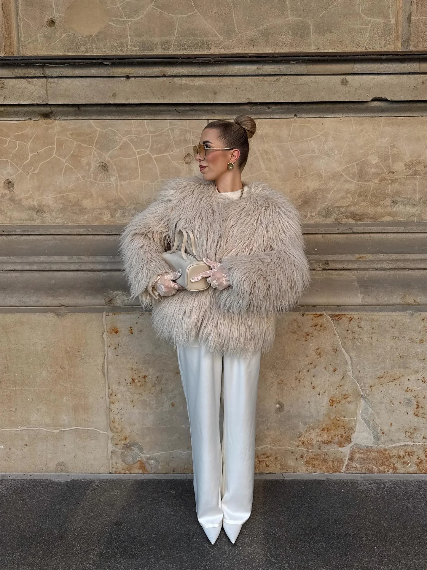 shaggy jacket Soft Ivory Texture With Tailored White Trousers