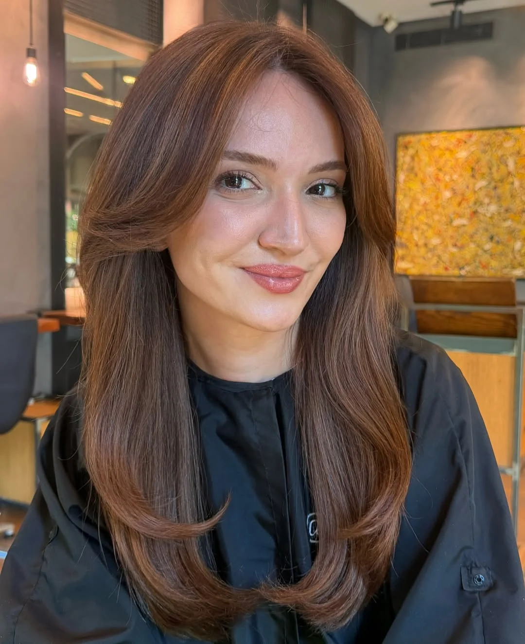 chestnut brown hair color Silky Chestnut Layers With Elegant Curtain Framing