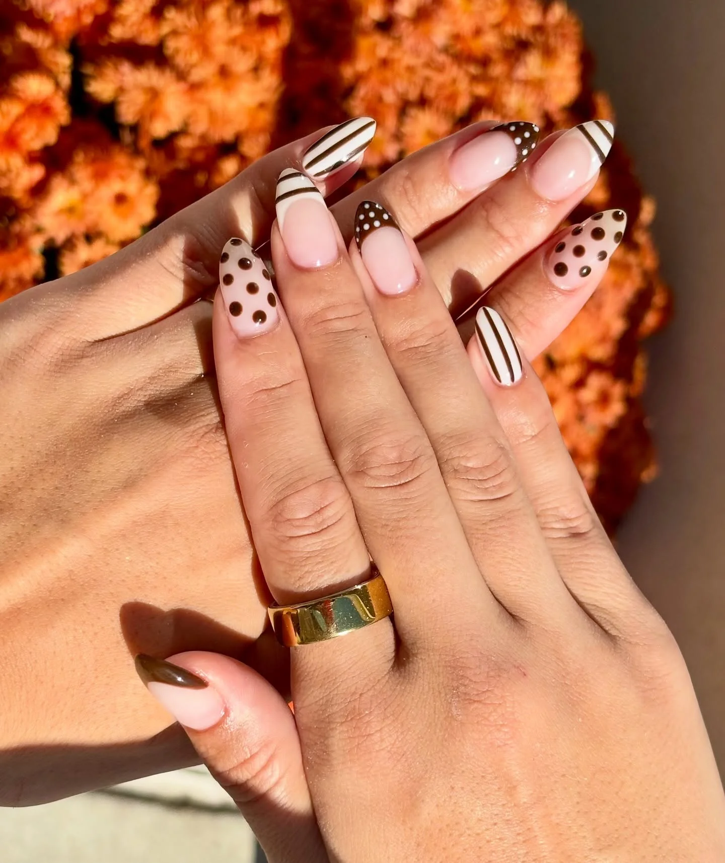 fall manicure 2026 Chocolate Polka Dot And Stripe French Tips