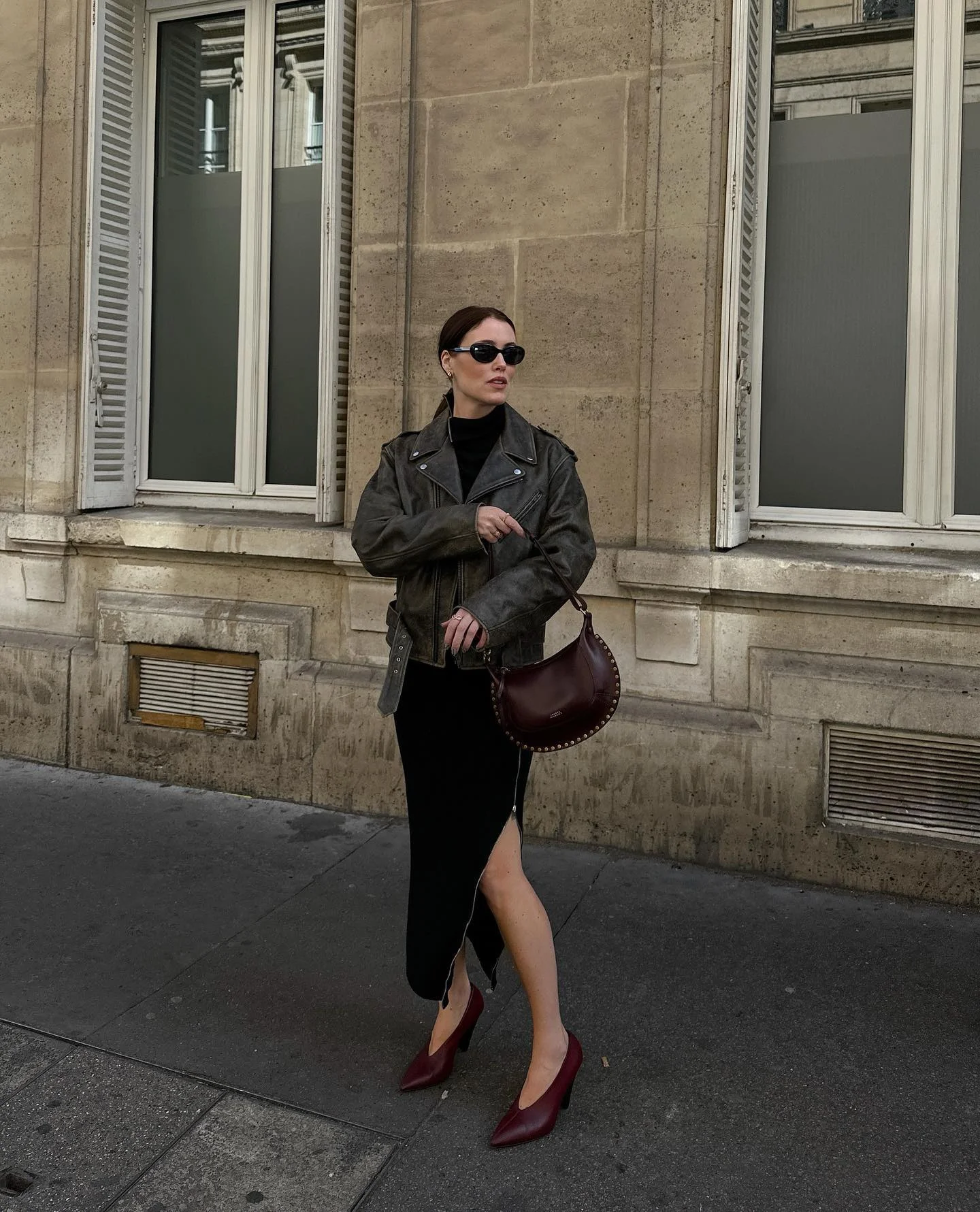 knit skirt outfits fall 2026 Edgy Leather Jacket Styling With A Black Midi Knit Skirt