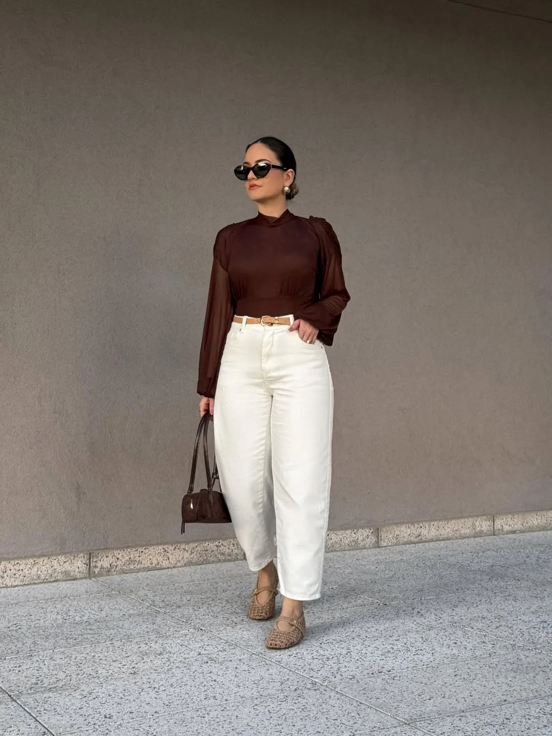 early fall outfits 2026 Chocolate Blouse With Cream Barrel Jeans