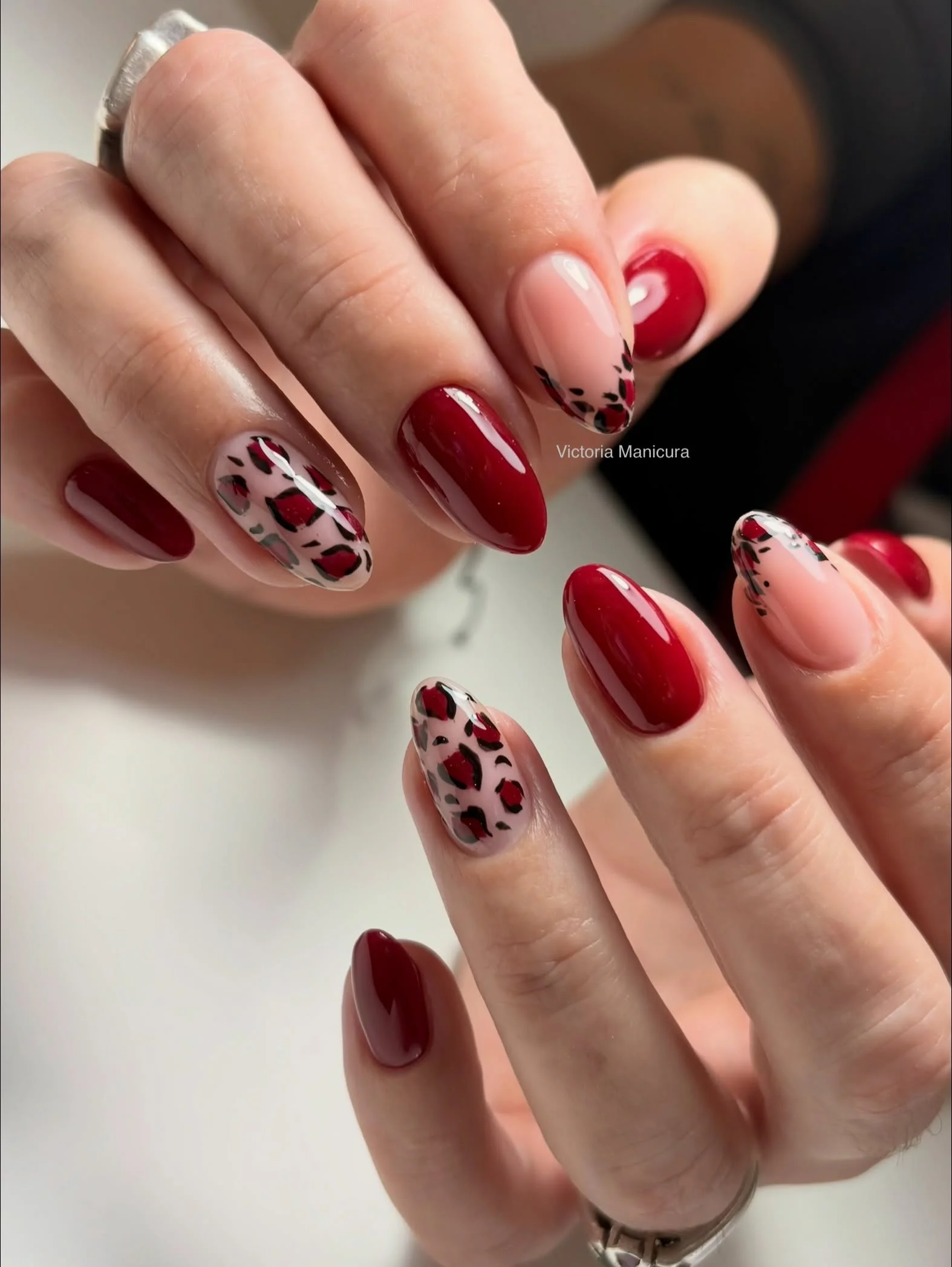fall red nails 2026 Romantic Crimson Leopard Accent Manicure