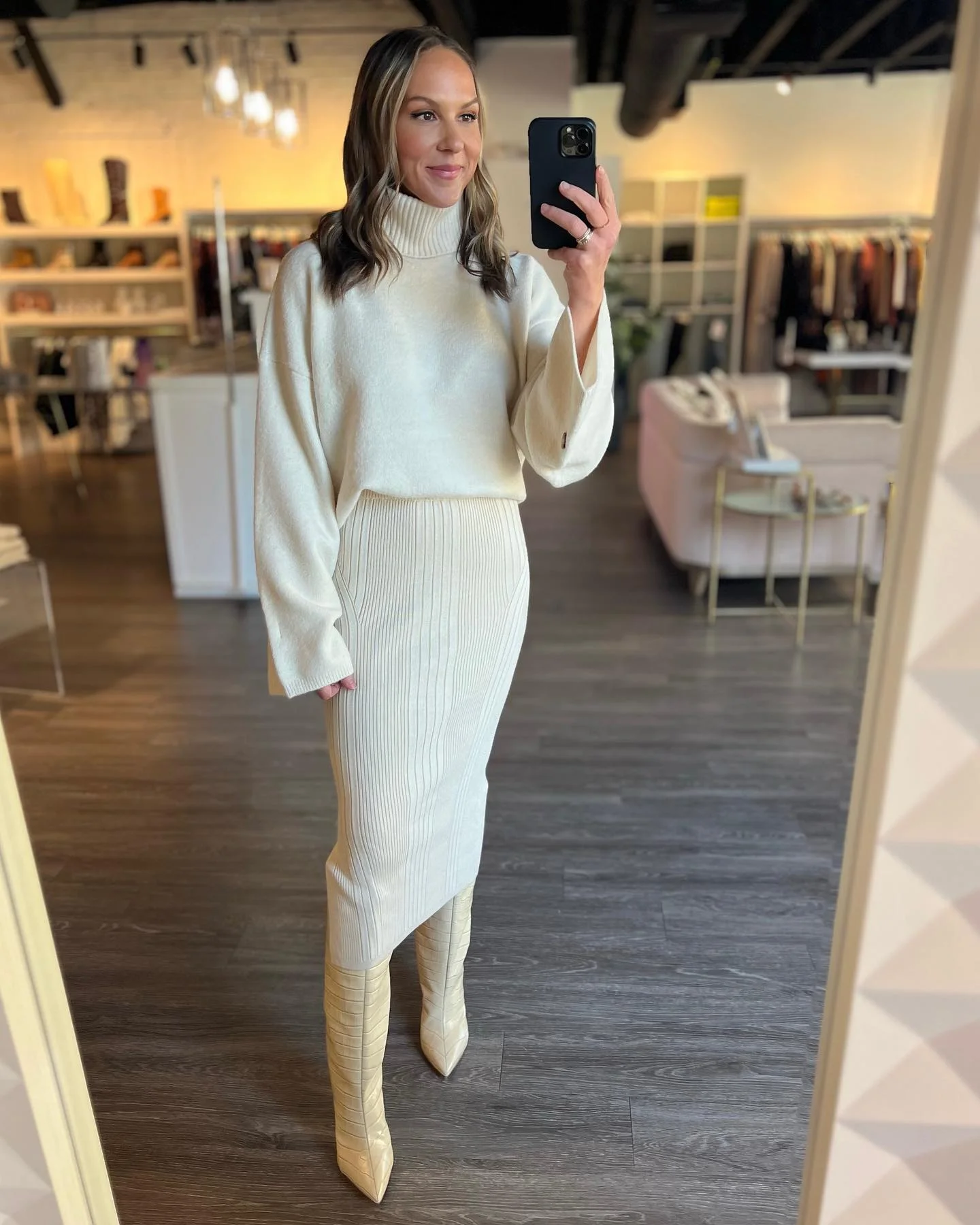 knit skirt outfits fall 2026 Monochrome Cream Knit Set With Tall Statement Boots