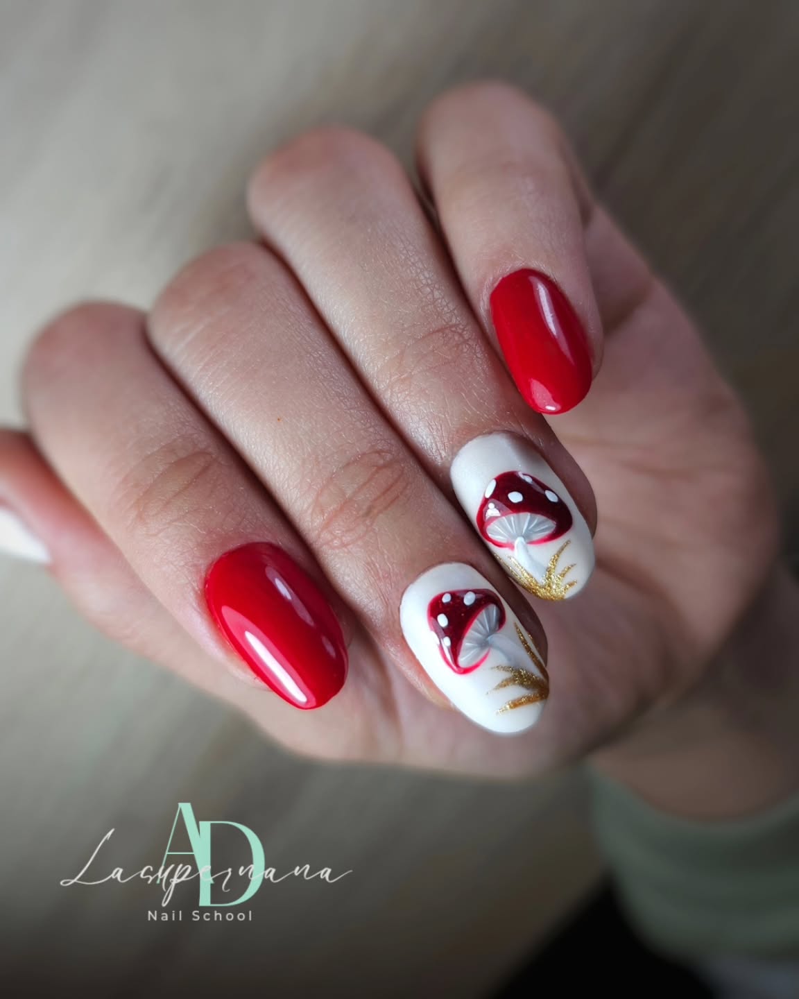 september nail art ideas 2026 Classic Scarlet Nails With Elegant Mushroom Accent Art