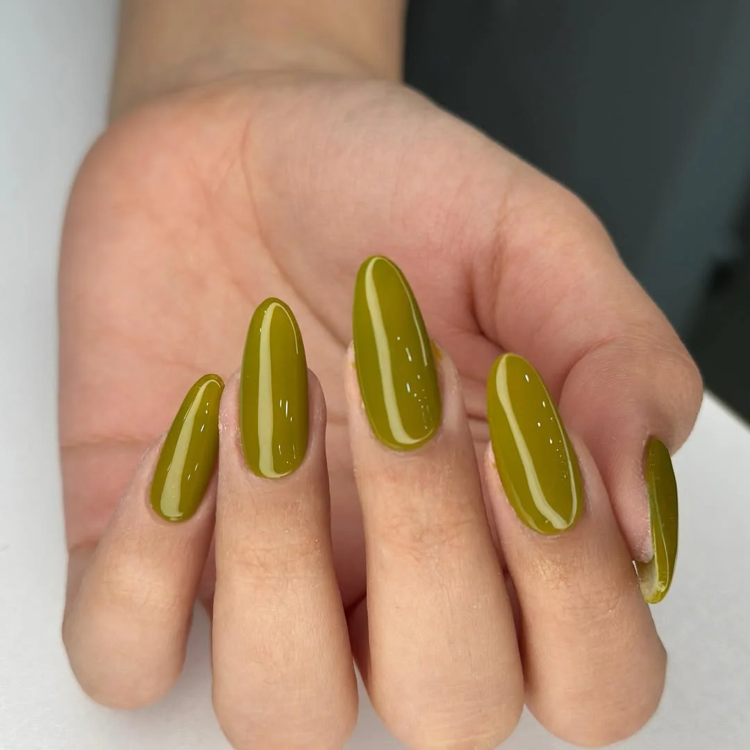 september nails color 2026 Glossy Moss Green Minimalism With Modern Appeal