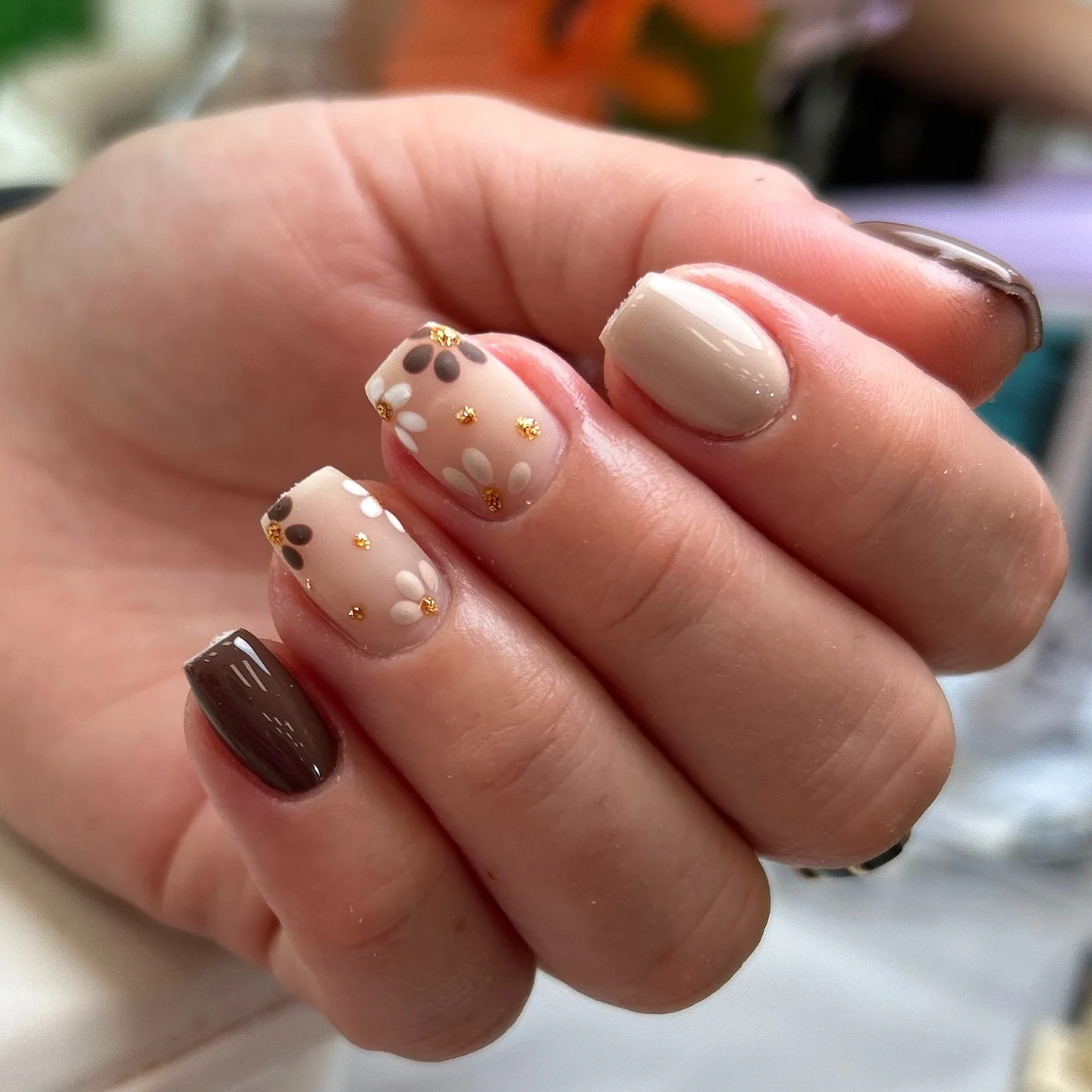 fall nail for all plates skin 2026 Chocolate Daisy Short Nails