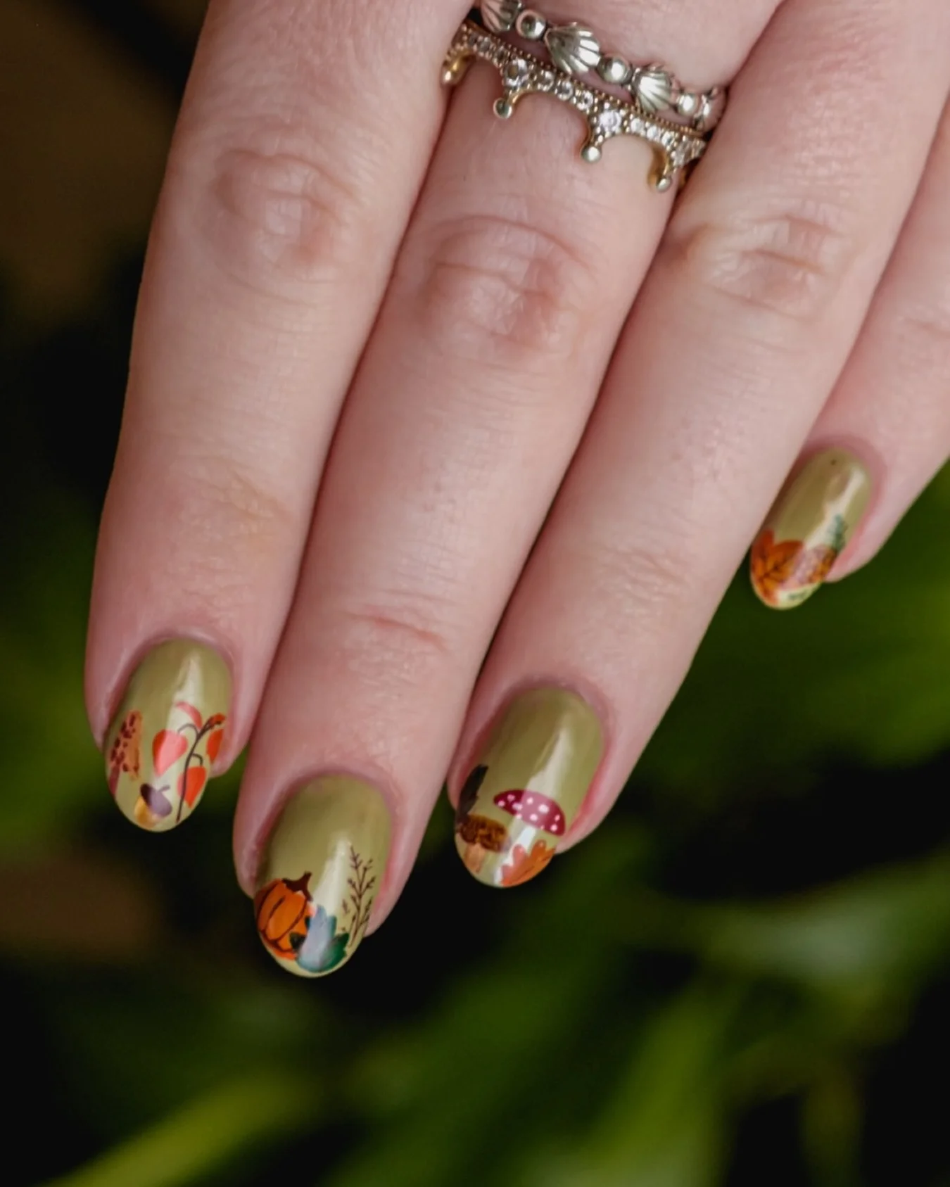 september nail art ideas 2026 Soft Olive Botanical Nails With Harvest Details