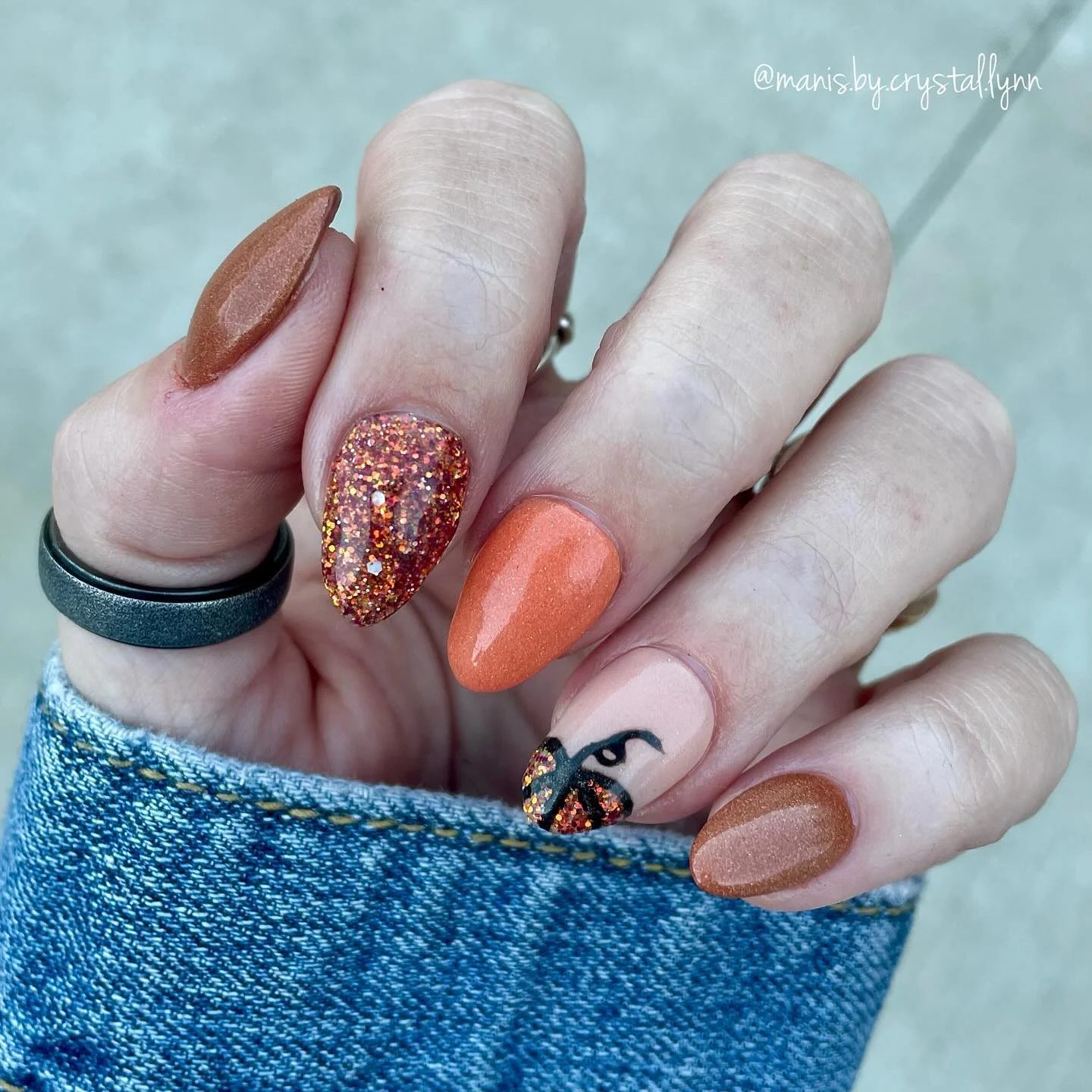 fall dip nails 2026 Fall Copper Glitter Almond Nails