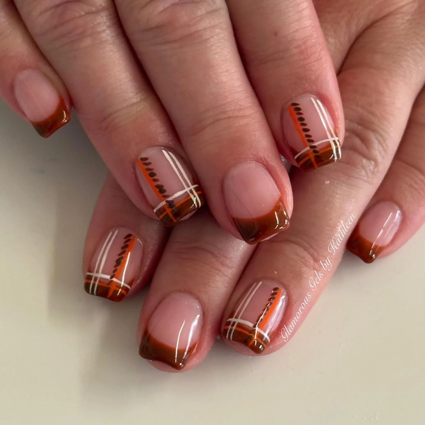 fall french nails 2026 Plaid Chocolate French Tips With Cozy Autumn Charm