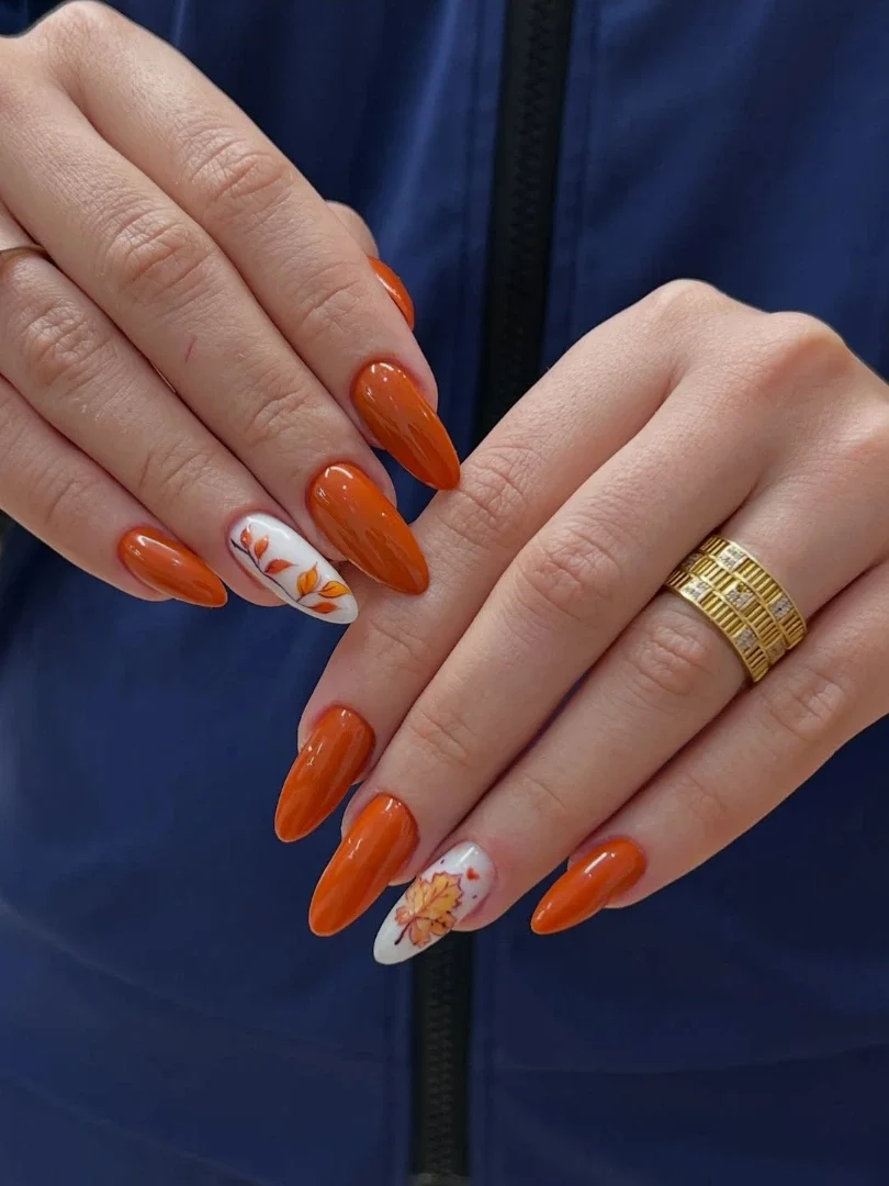 fall long nails 2026 Glossy Pumpkin Orange With Delicate Autumn Florals
