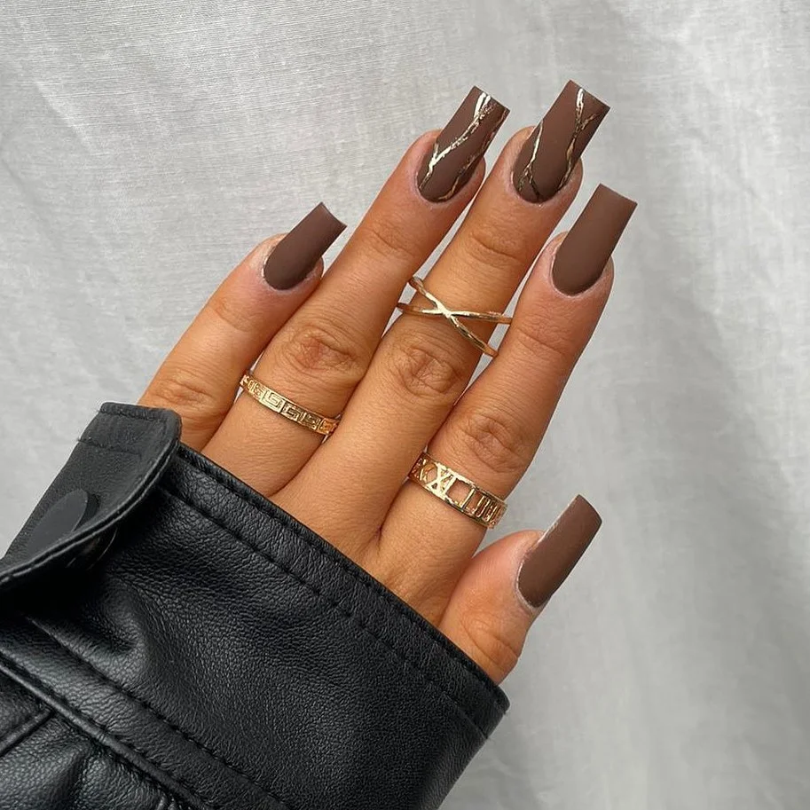 fall matte nails 2026 Deep Chocolate Brown With Fine Metallic Details