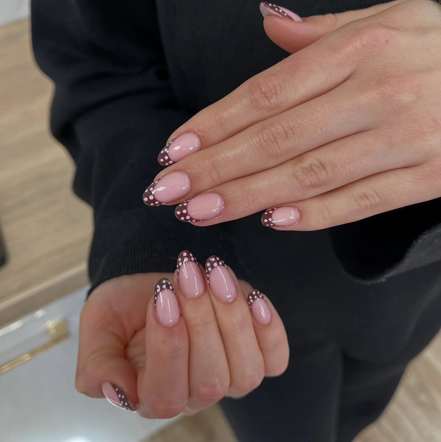 fall mid length nails 2026 Chocolate French Tips With Delicate Polka Dot Details