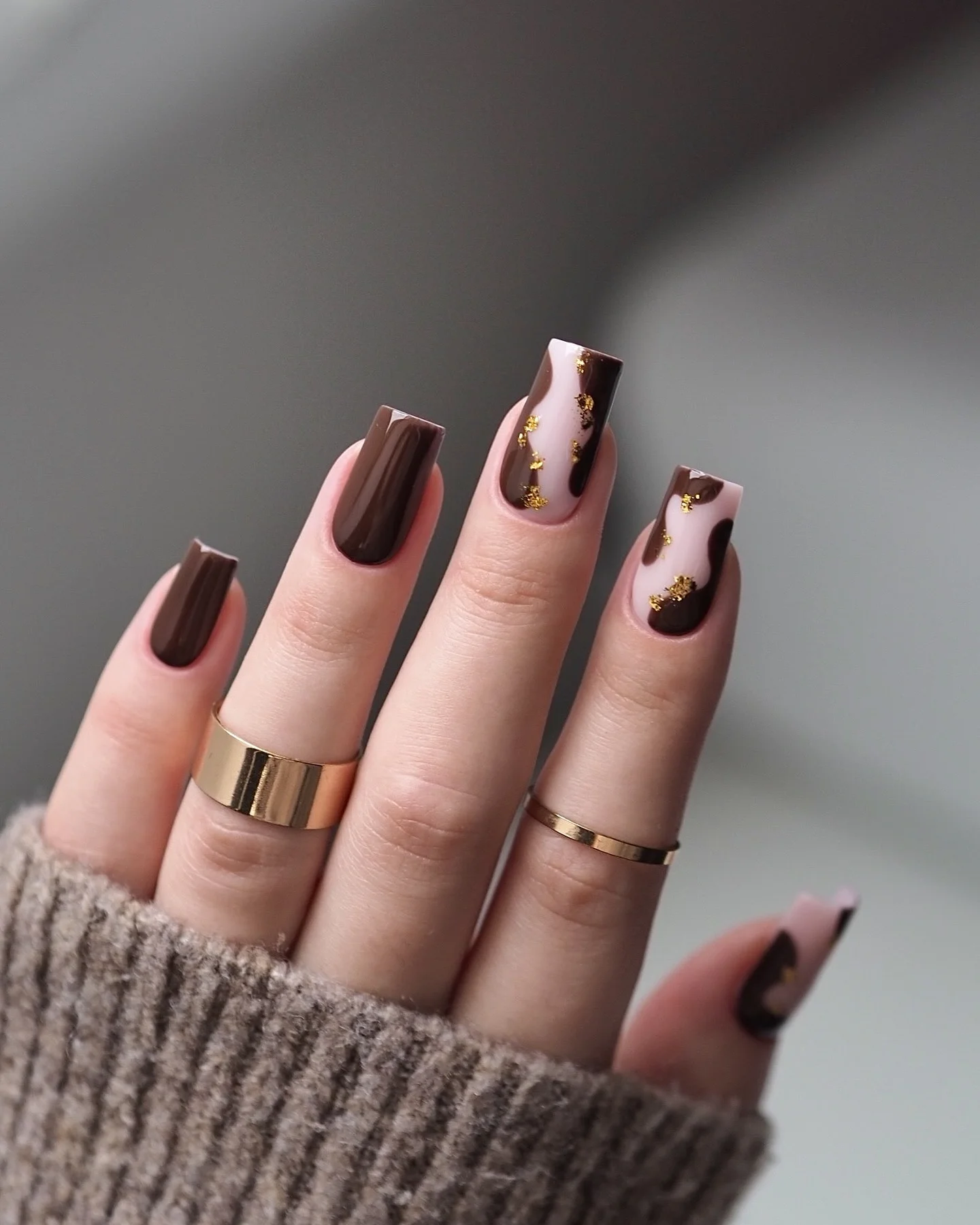 fall nail designs square shape 2026 Glossy Chocolate Swirls With Golden Accents