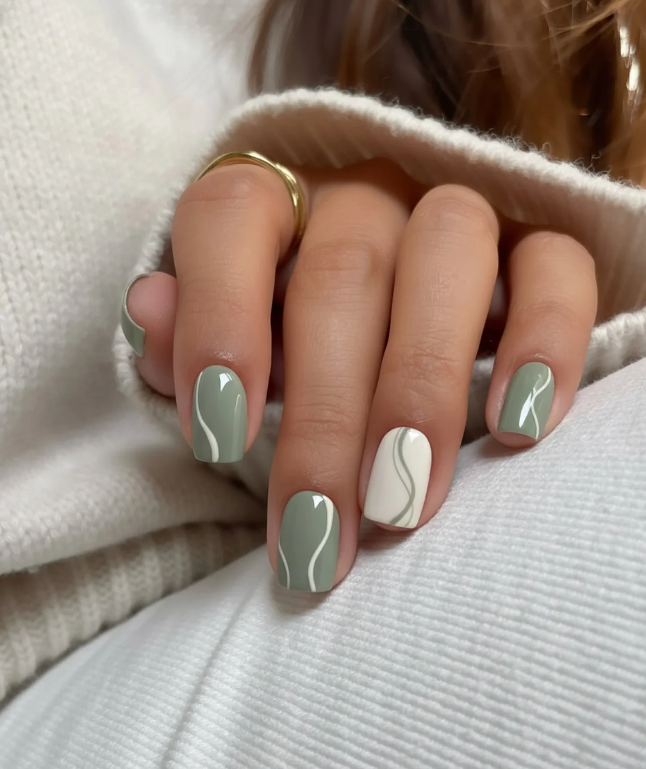 fall nails for olive skin tone 2026 Soft Sage With Delicate Curved Lines