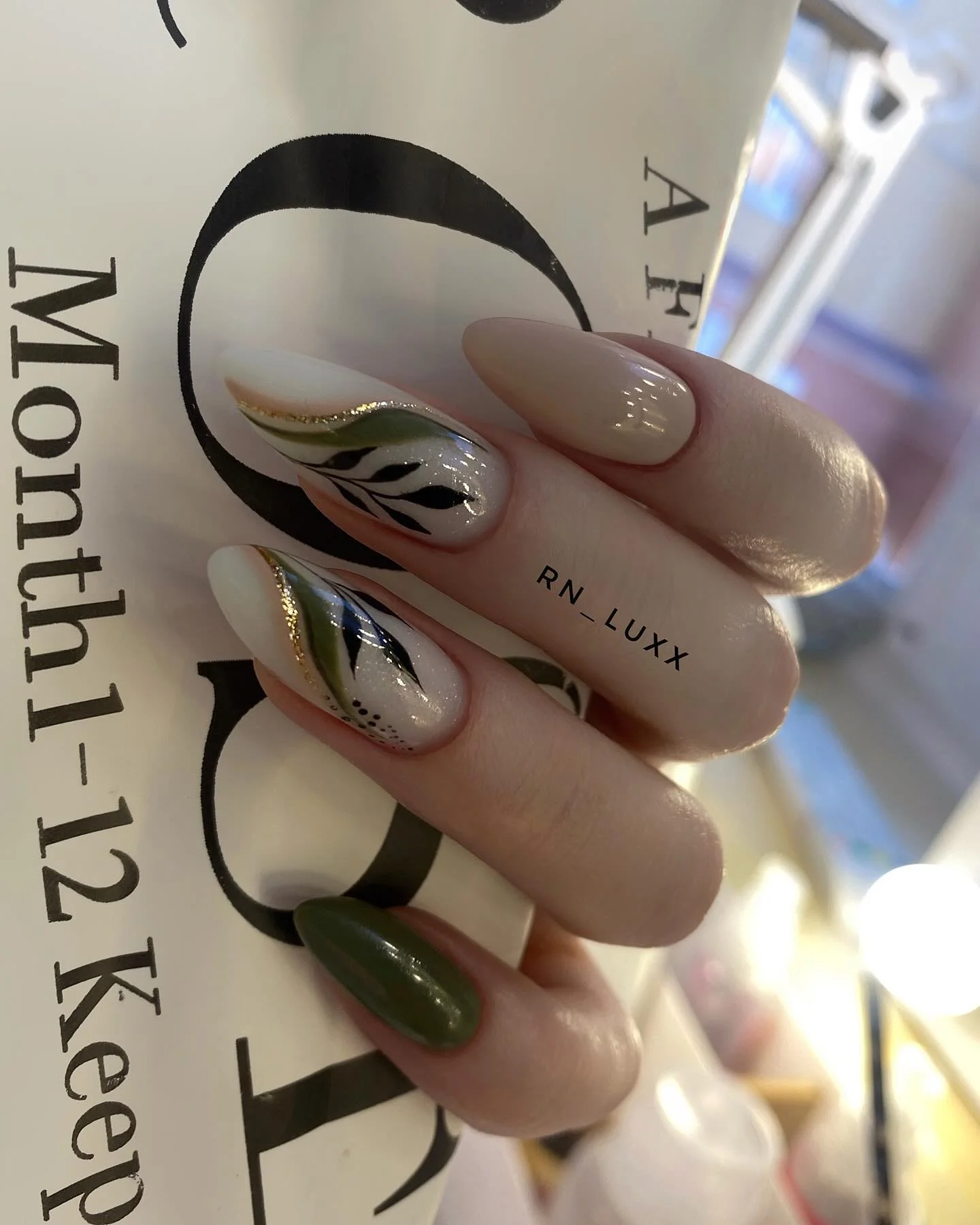 fall nails with autumn designs Olive Green Botanical Details With A Soft Metallic Finish