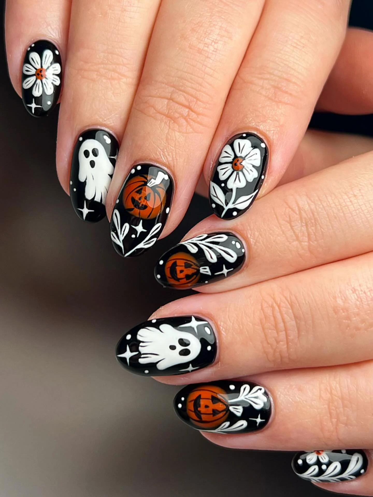 halloween nail art 2026 Black And White Ghosts With Pumpkin Details