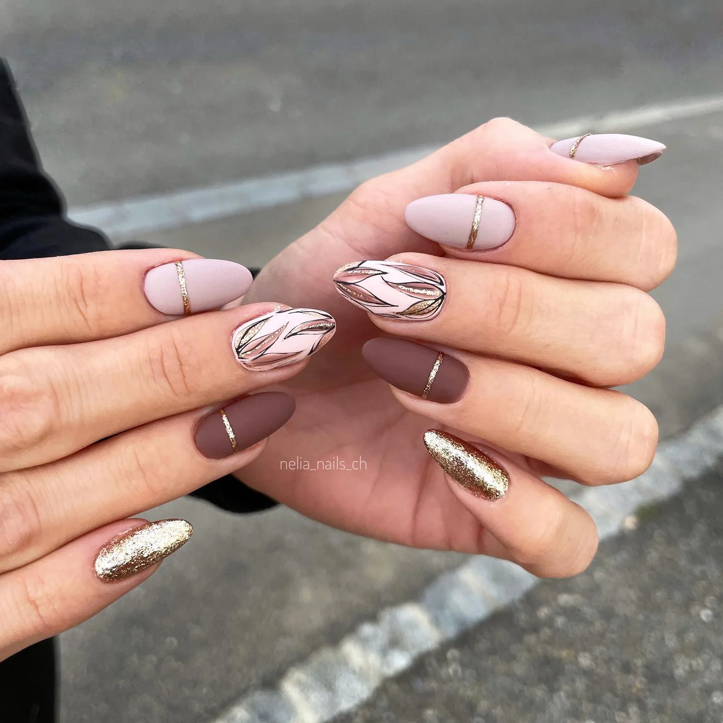 matte fall nails design 2026 Blush Almond Nails With Fine Gold Details