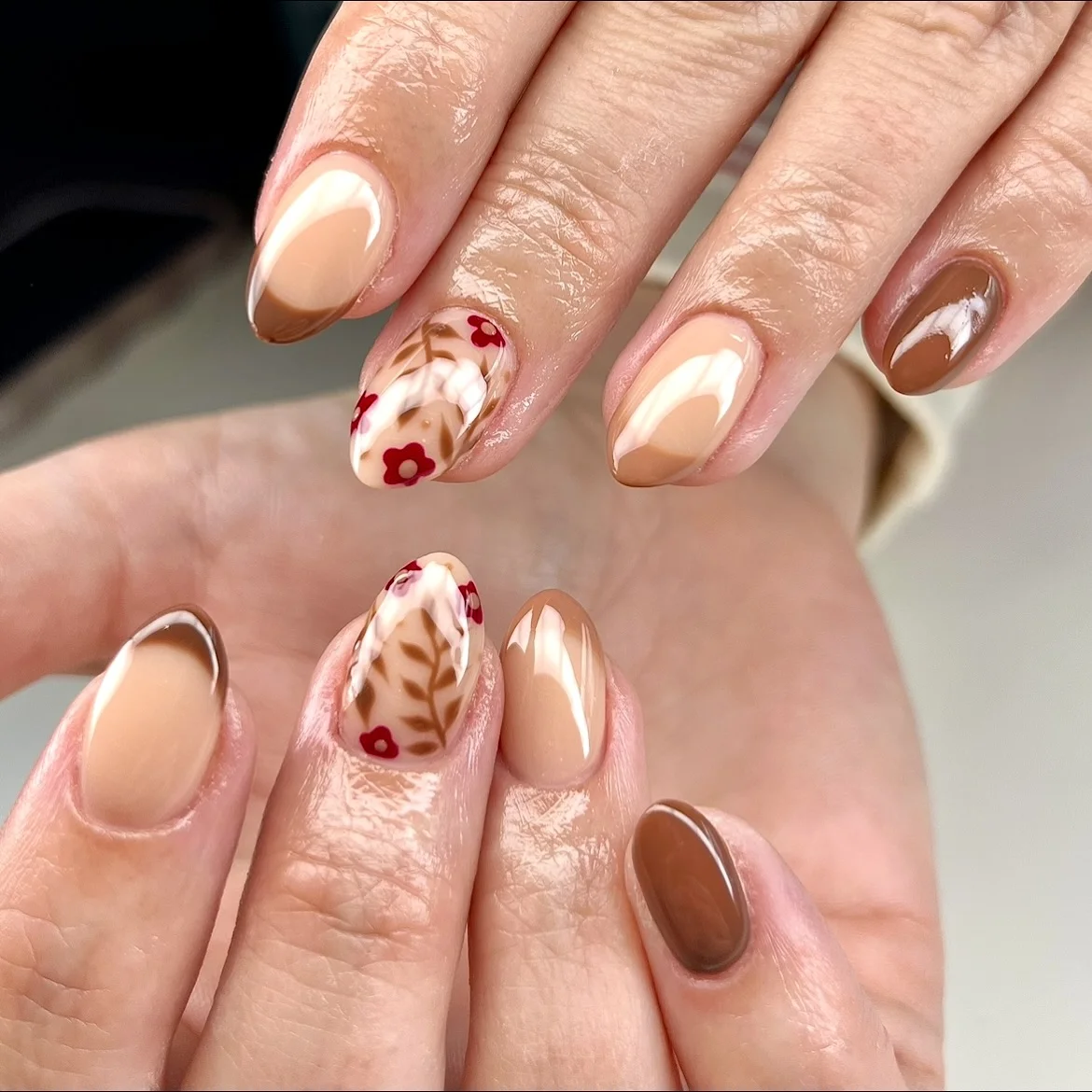 nude fall nails 2026 Warm Mocha French With Delicate Floral Art