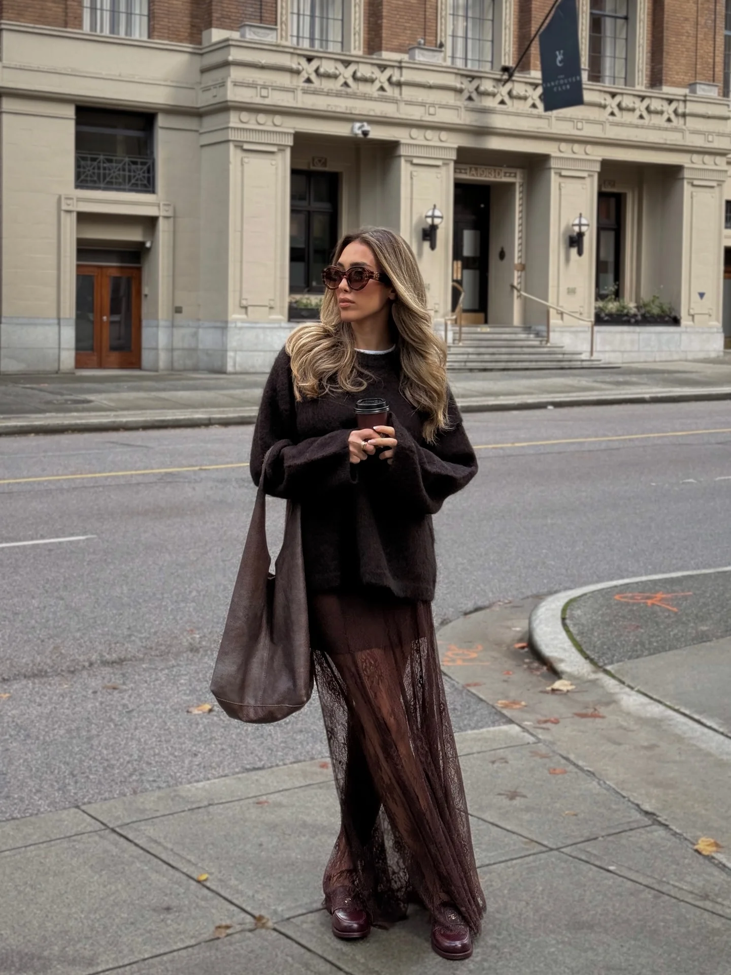 september fashion trends 2026 Sheer Chocolate Skirt With An Oversized Knit