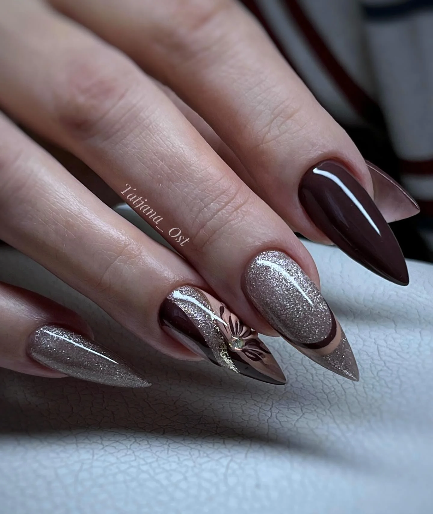 fall dark nail shadow ideas 2026 Chocolate Brown And Silver Glitter Elegance