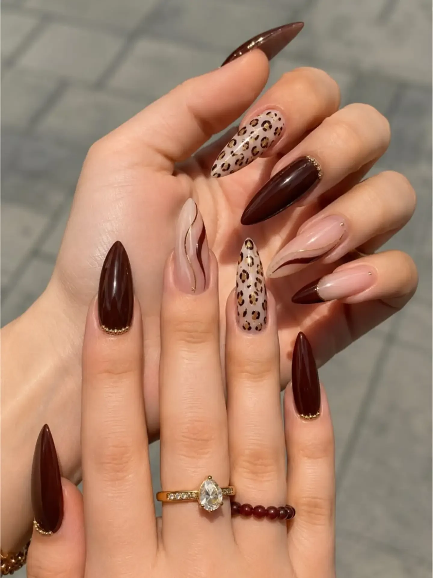 fall long nails 2026 Chocolate Brown Almond Nails With Leopard And Nude Accents