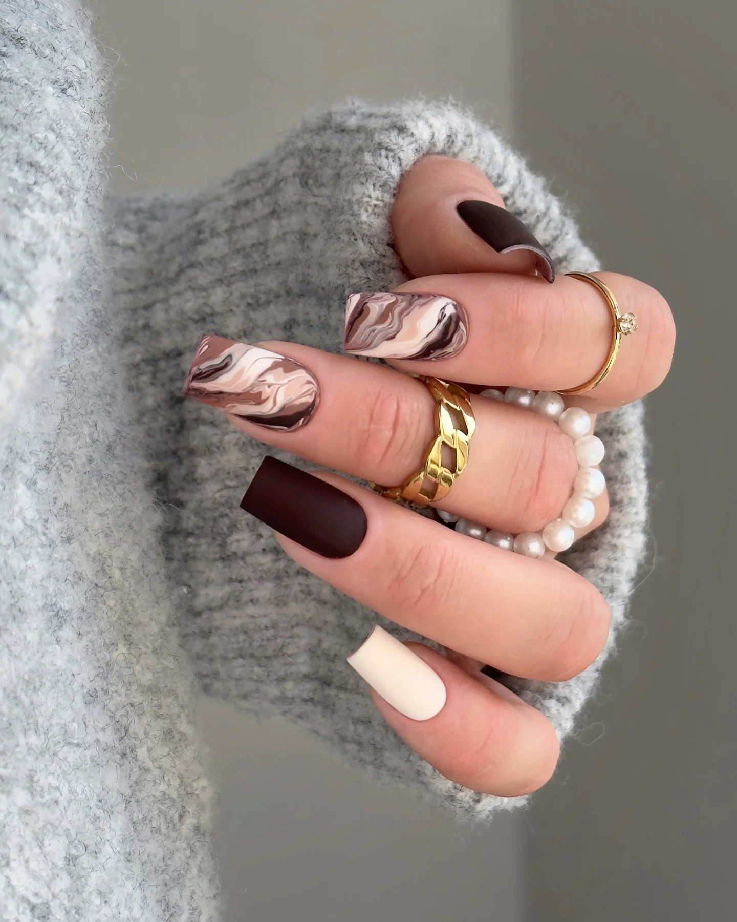 fall matte nails 2026 Mocha Marble With Chocolate Brown And Cream