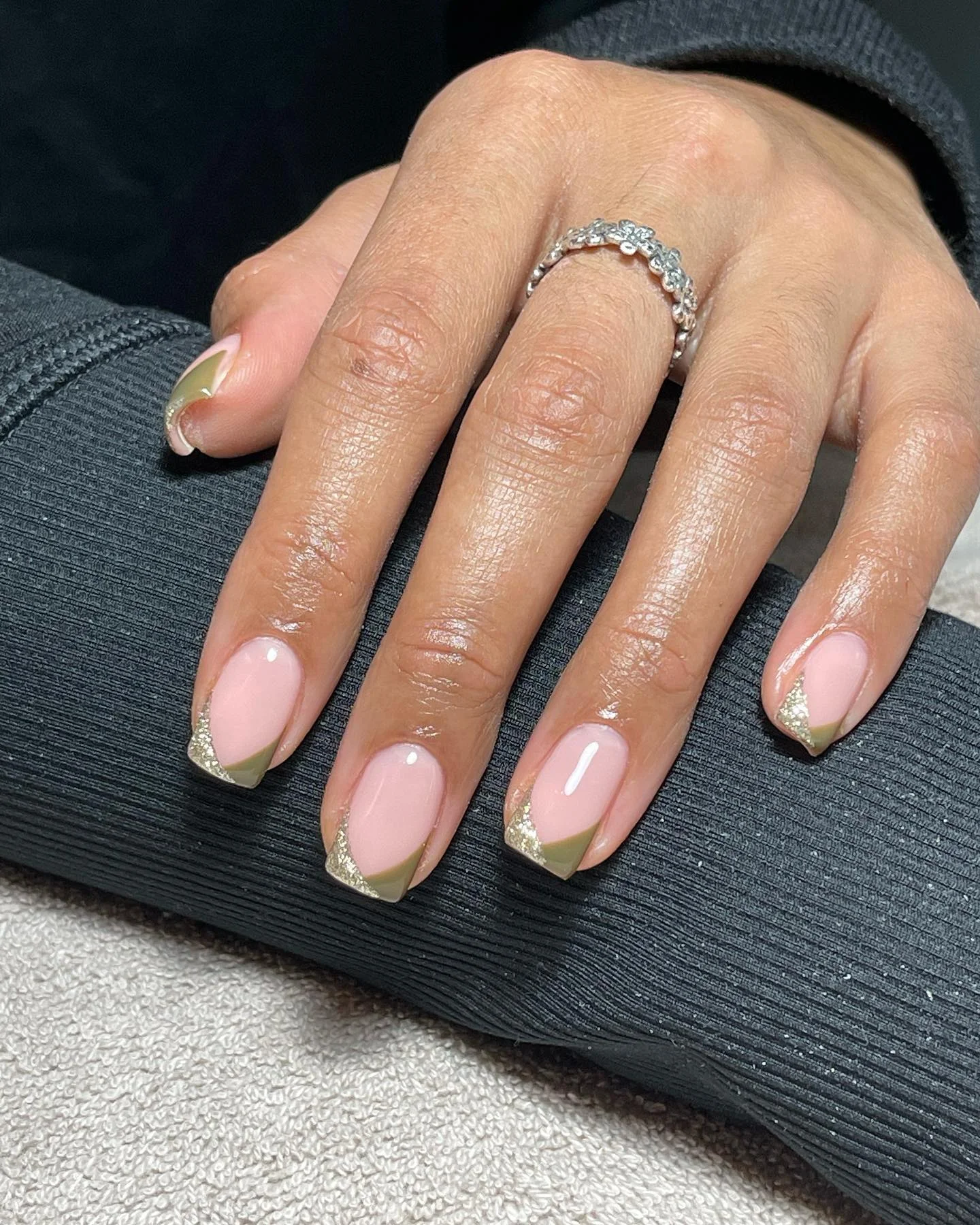 fall nail designs square shape 2026 Olive Green French Tips With Golden Autumn Sophistication