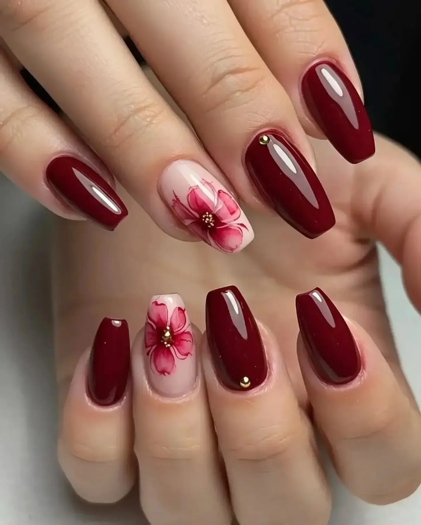 fall nail trends 2026 Deep Burgundy Florals For Timeless Autumn Glamour