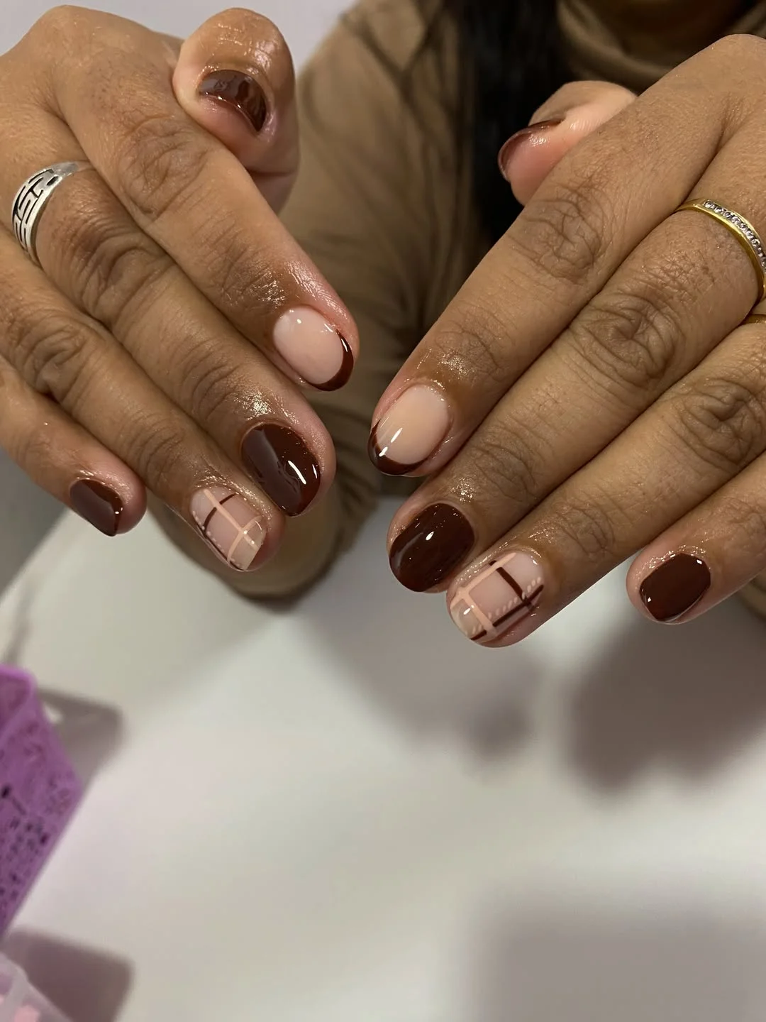 fall nails for brown skin tone Short Chocolate French Tips With Cozy Plaid Accents