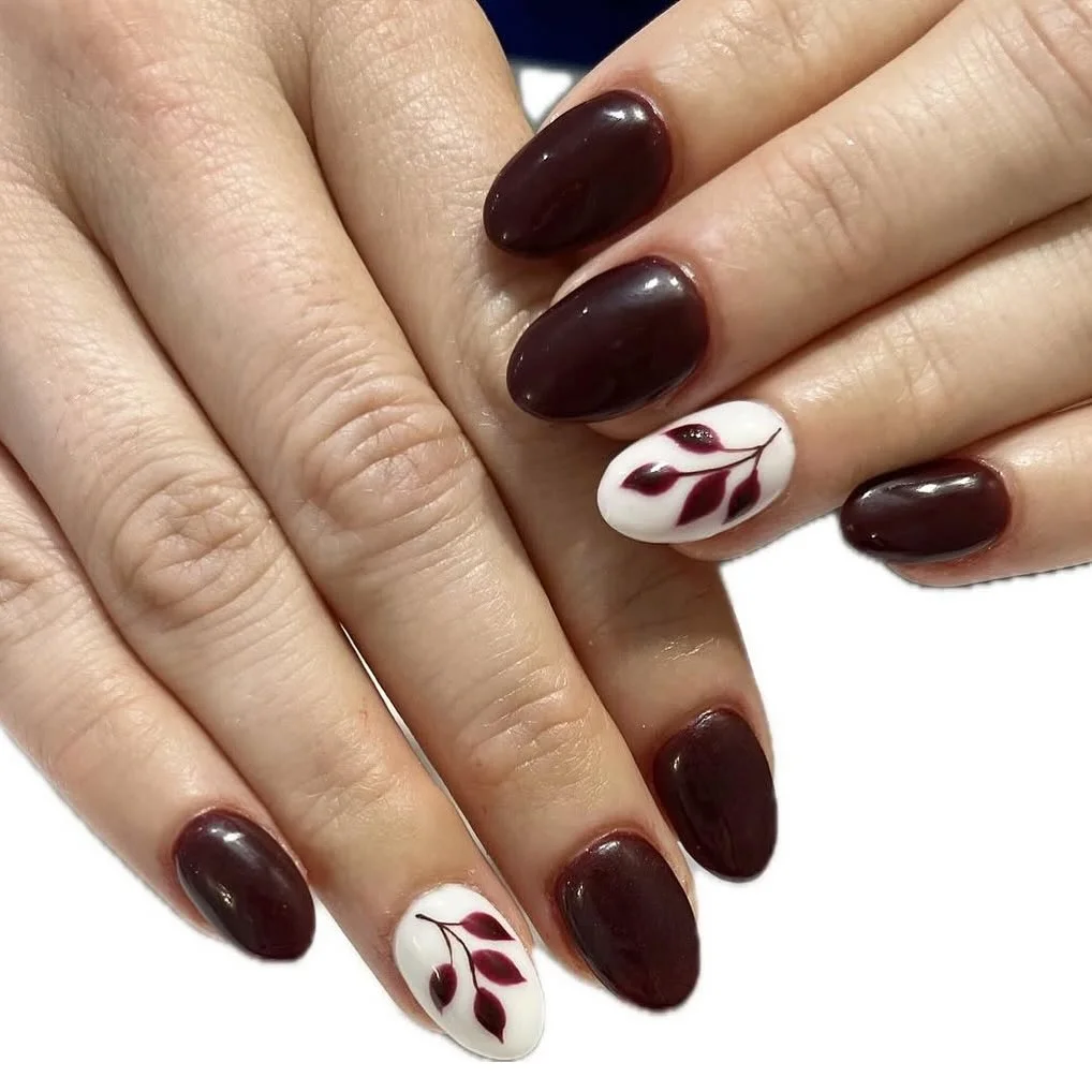 fall nails with accent nail Burgundy Nails With A White Leaf Accent
