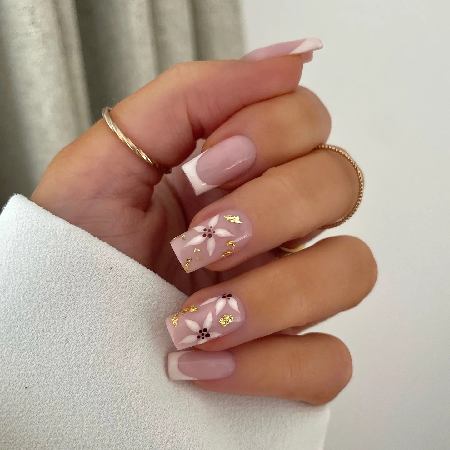 early fall nails 2026 Elegant White Floral French Square Nails