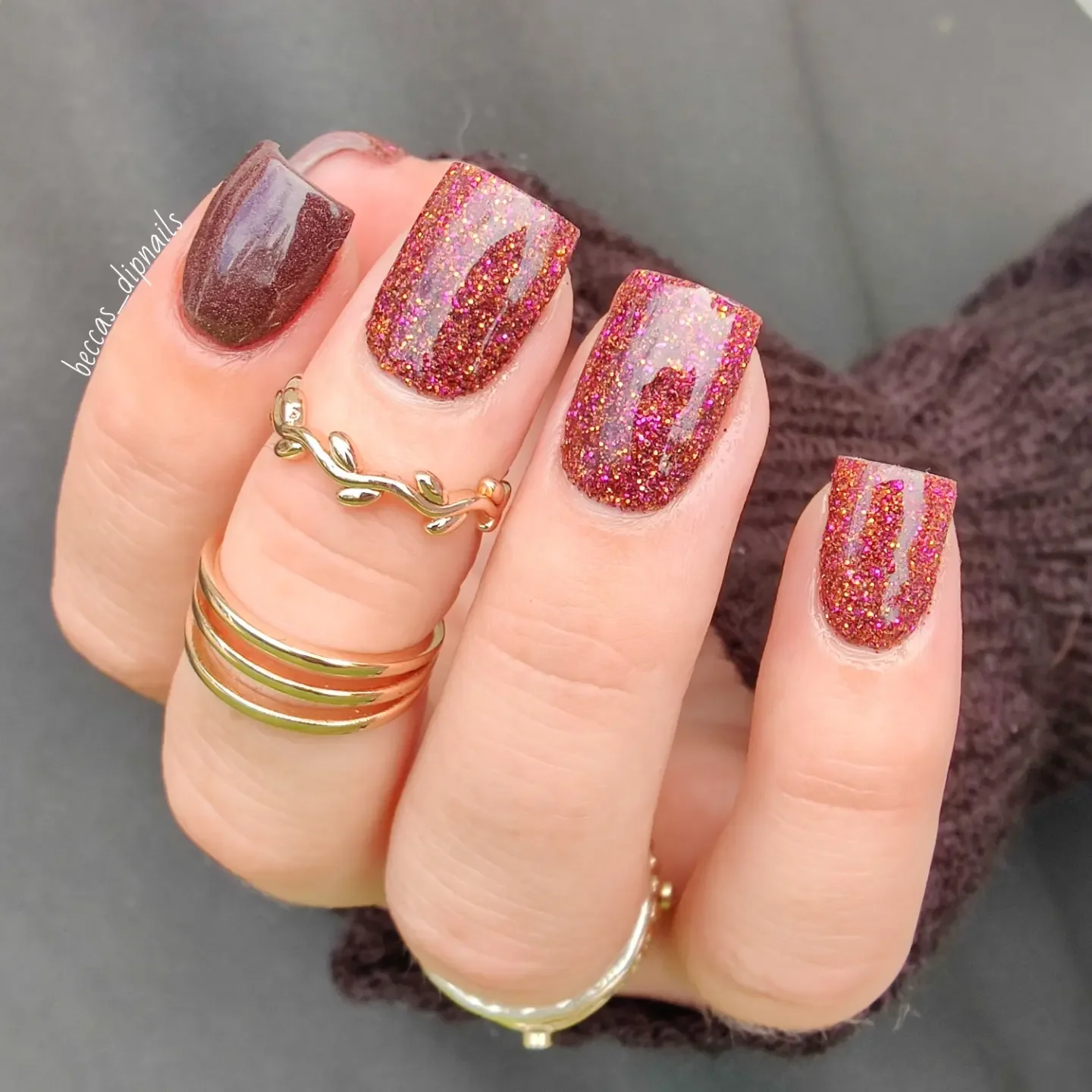 fall dip nails 2026 Rosewood Glitter Waves On Short Square Nails