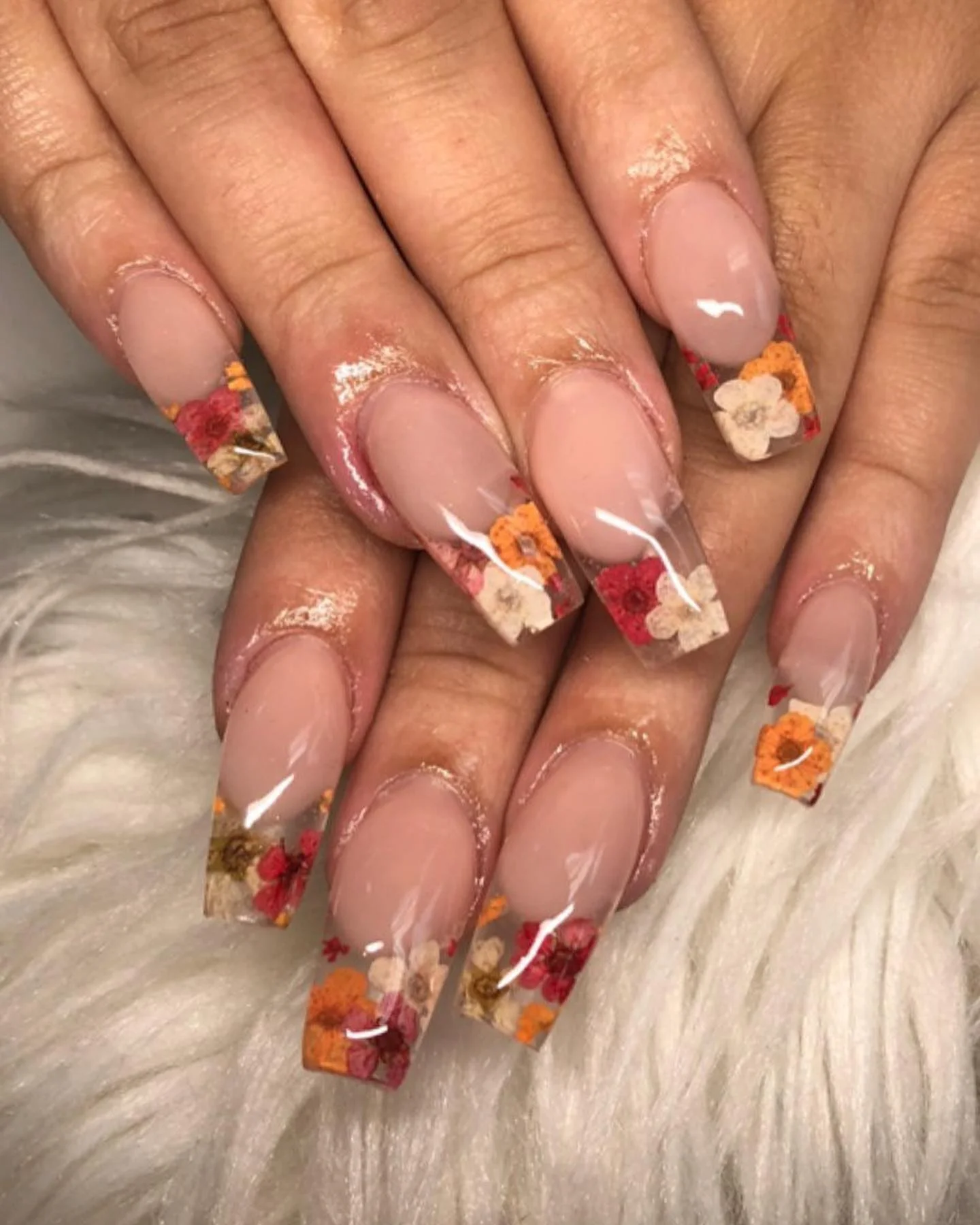 fall french nails 2026 Pressed Autumn Flower French Tips With Botanical Elegance