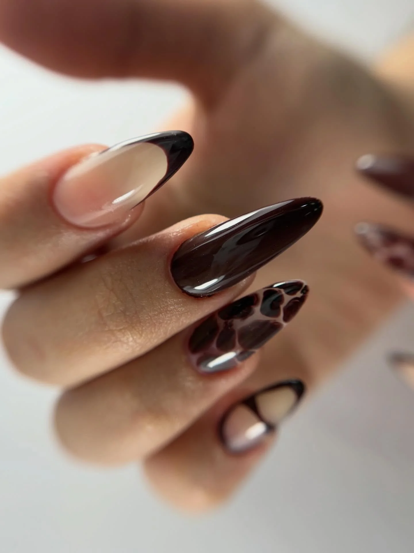 fall long nails 2026 Deep Espresso Almond Nails With Tortoiseshell Accents