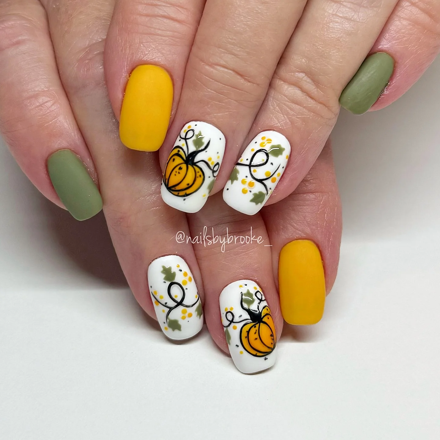 fall matte nails 2026 Mustard Yellow And Olive Pumpkin Nail Art