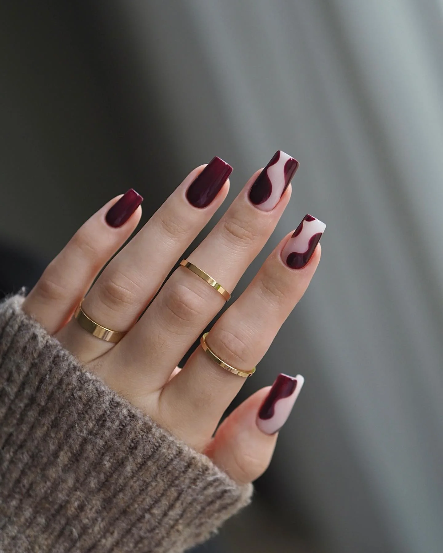 fall mid length nails 2026 Burgundy Abstract Waves For Modern Autumn Style