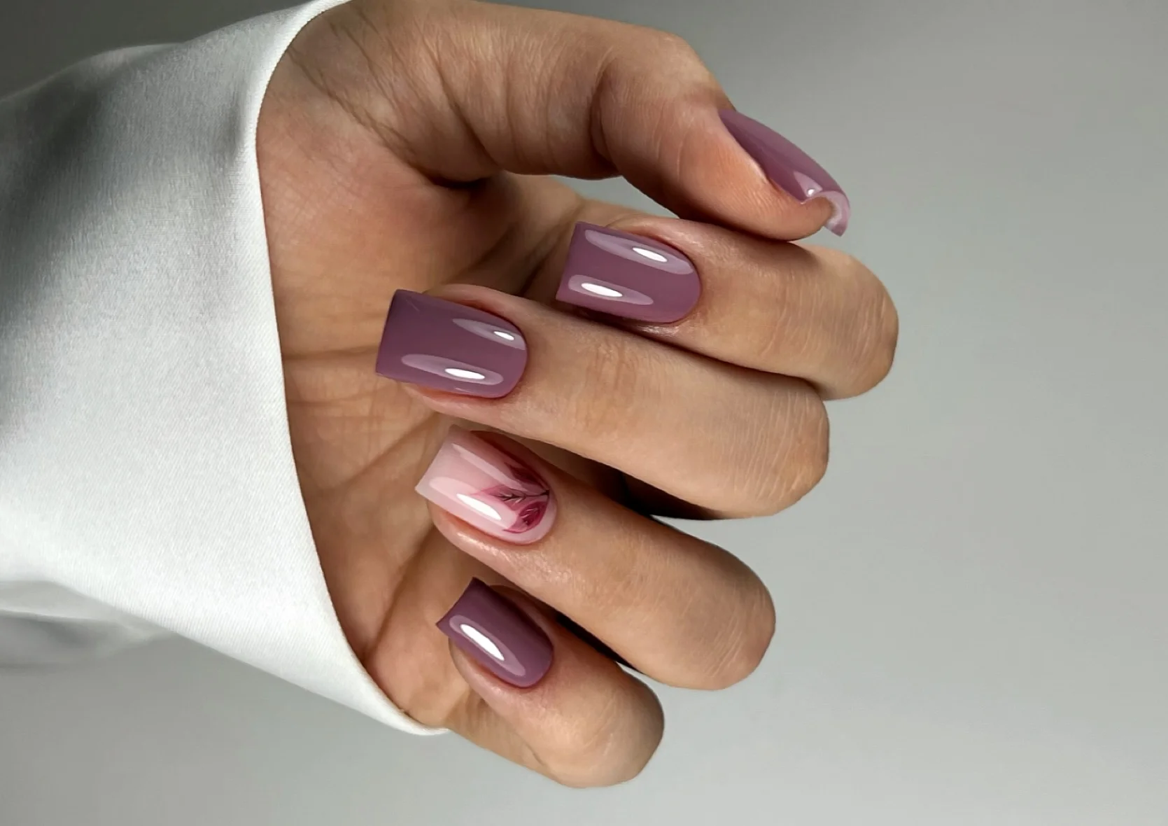 fall nail designs square shape 2026 Dusty Mauve Gloss With A Delicate Floral Accent