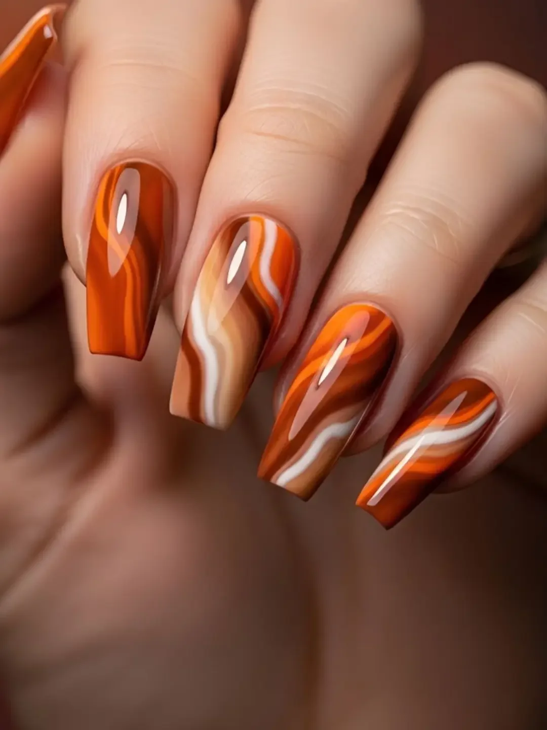 fall nail trends 2026 Burnt Caramel Marble Square Nails