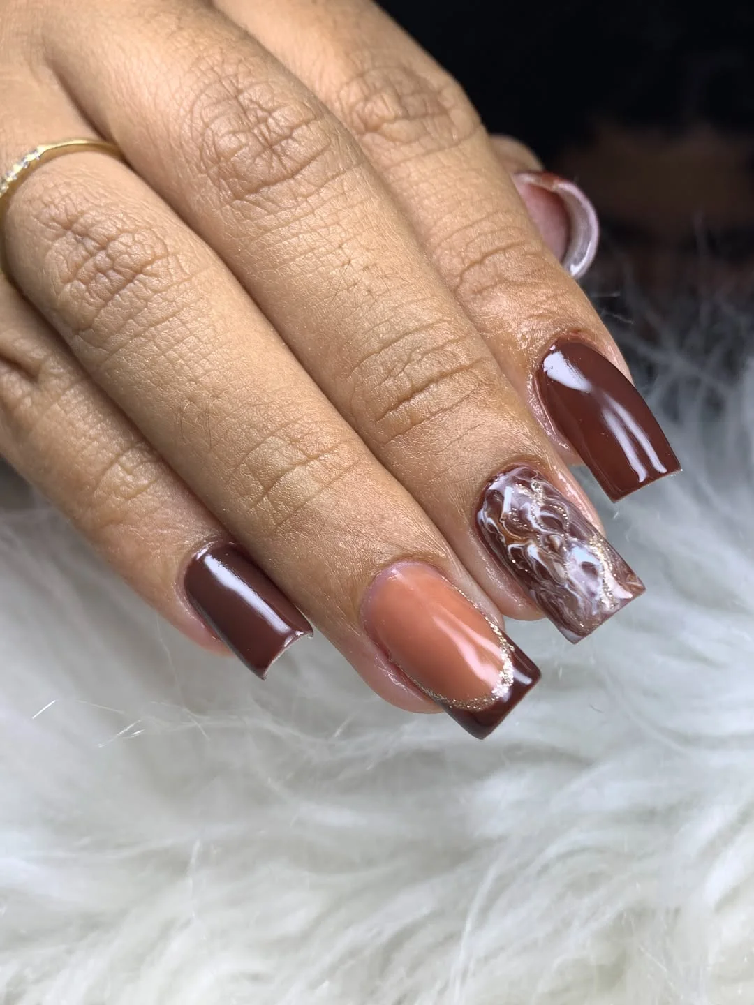 fall nails for brown skin tone Rich Chocolate Brown With Caramel Swirl Accents