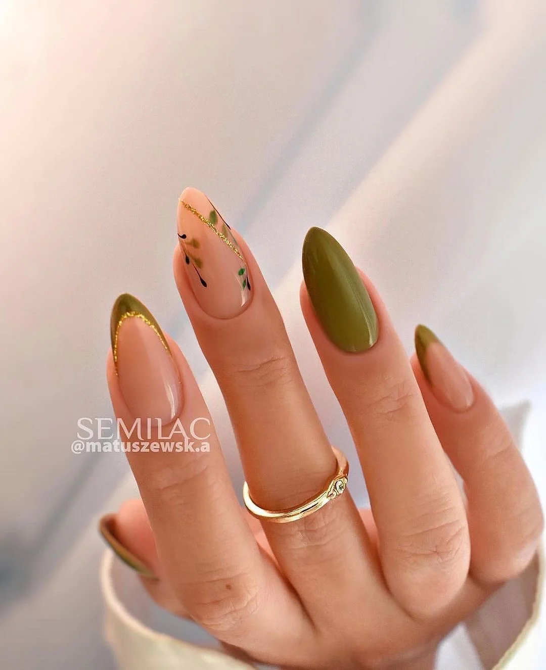 fall nails for olive skin tone 2026 Olive Green And Gold Botanical Accents