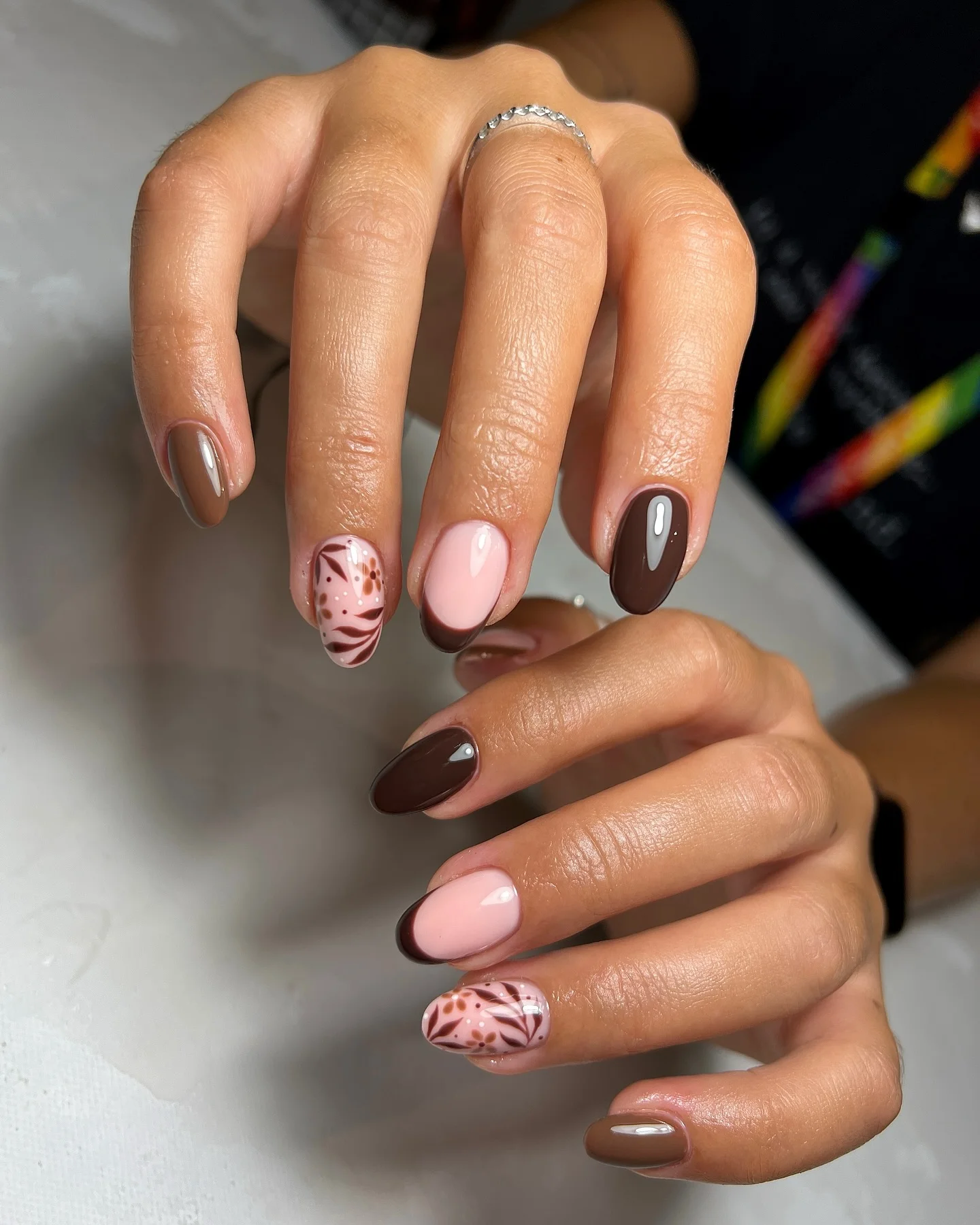 fall nails for tan skin tone Glossy Mocha And Botanical Accent Nails
