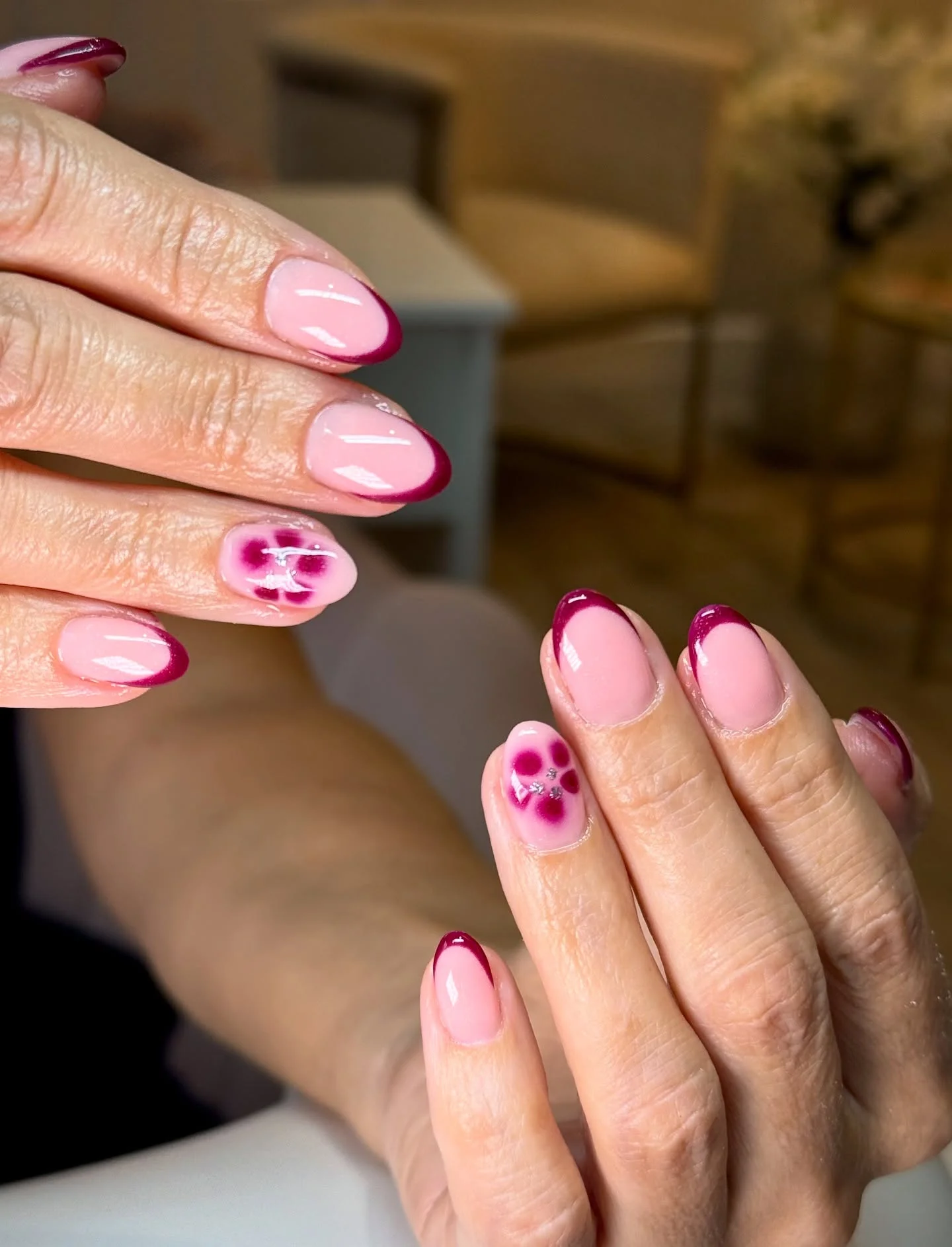 fall nails with accent nail Berry French Tips With A Soft Floral Accent