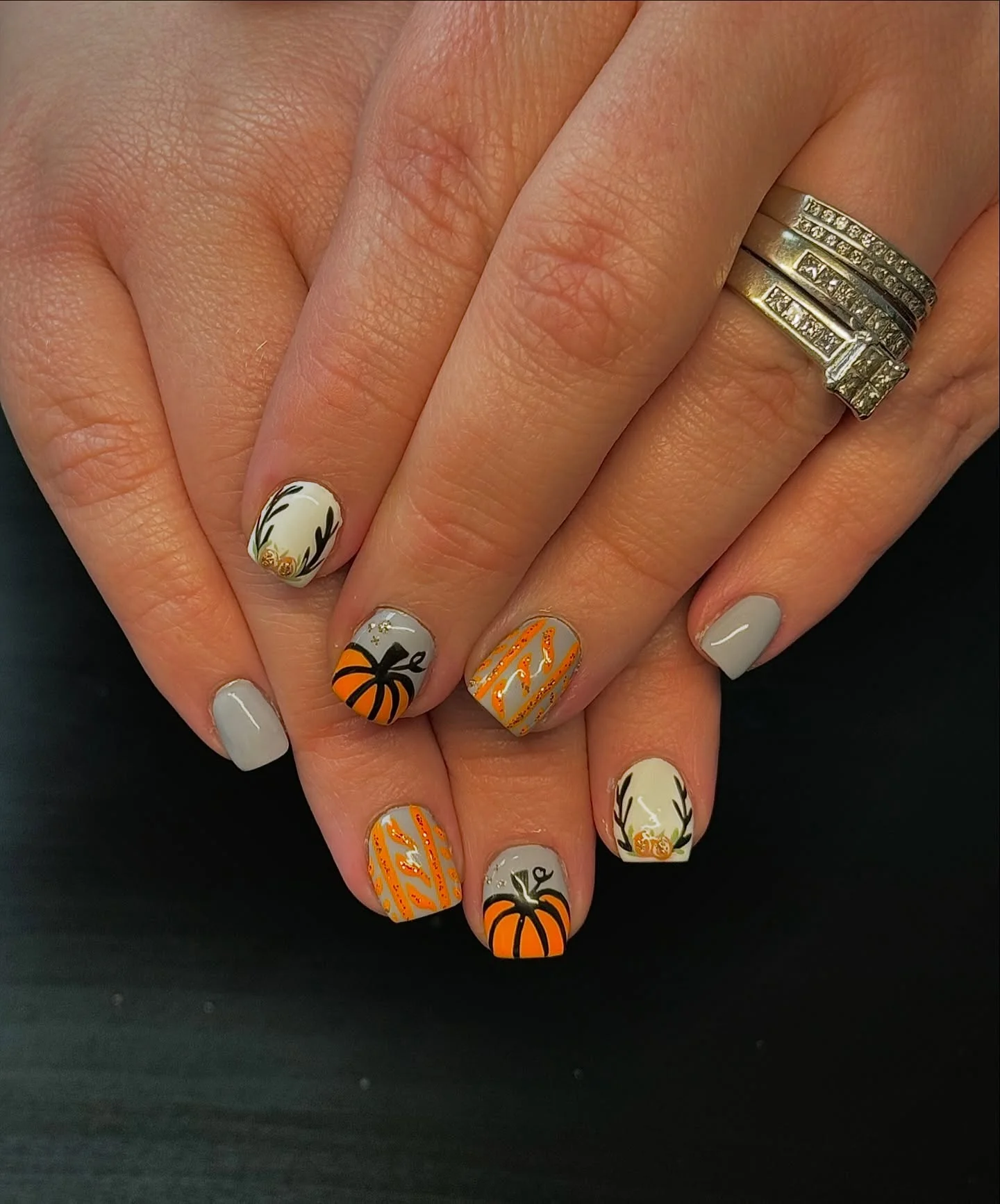 fall nails with pumpkins 2026 Soft Gray Pumpkin Accents With Autumn Details