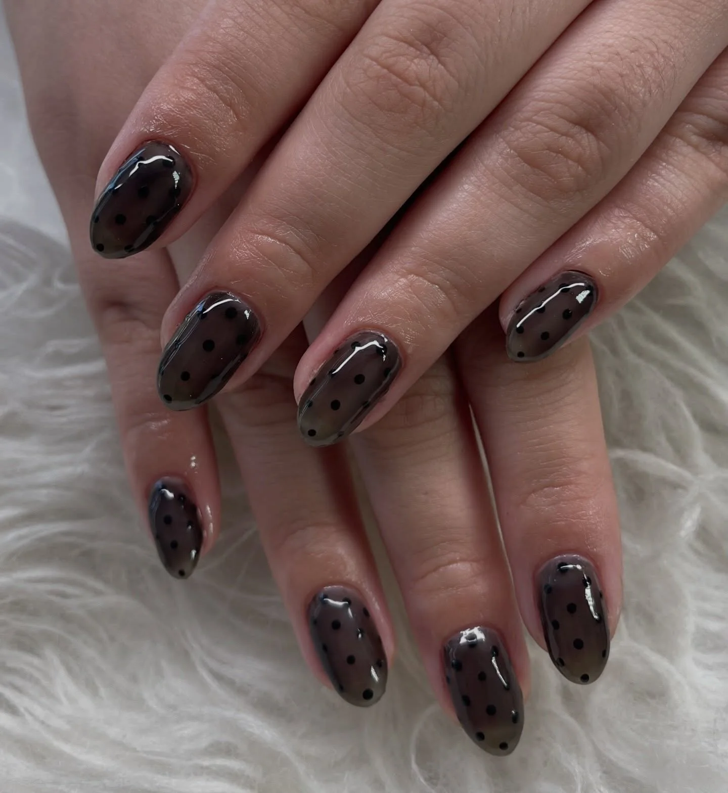 fall short almond nails 2026 Smoky Sheer Polka Dot Elegance