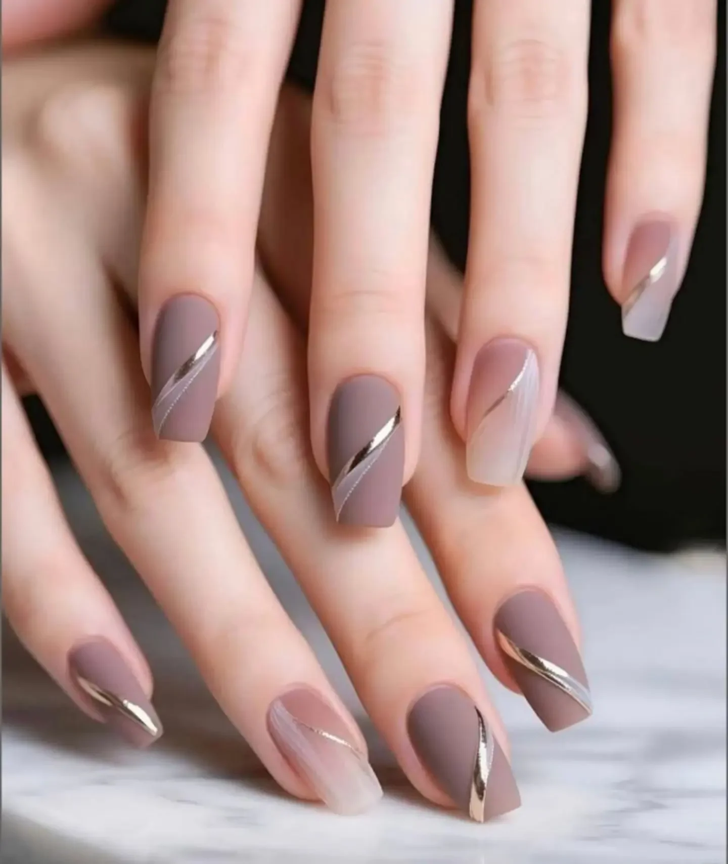 fall short coffin nails designs 2026 Mauve Coffin Nails With Diagonal Metallic Accents