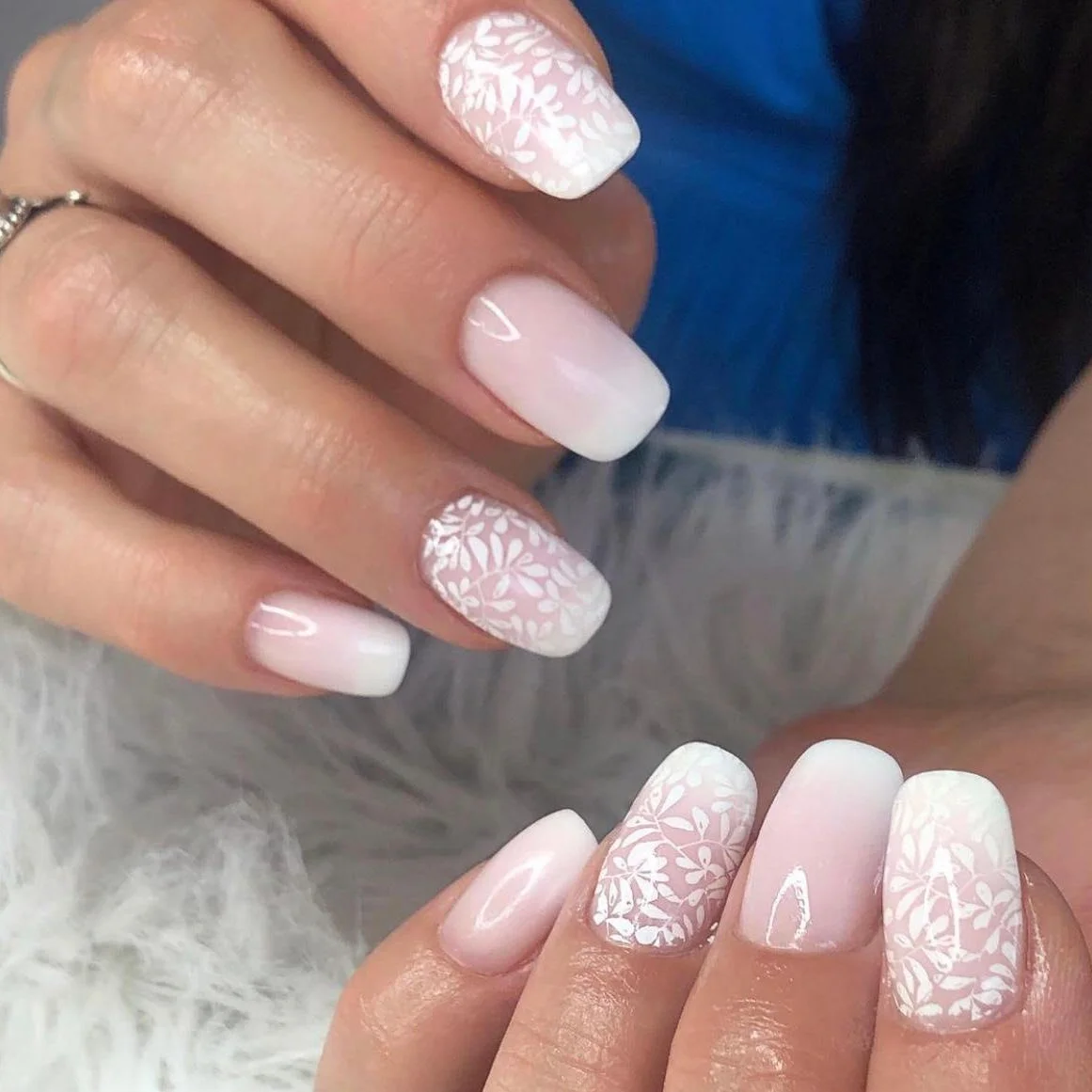 fall wedding nails 2026 Soft Botanical White Overlay On Milky Square Nails