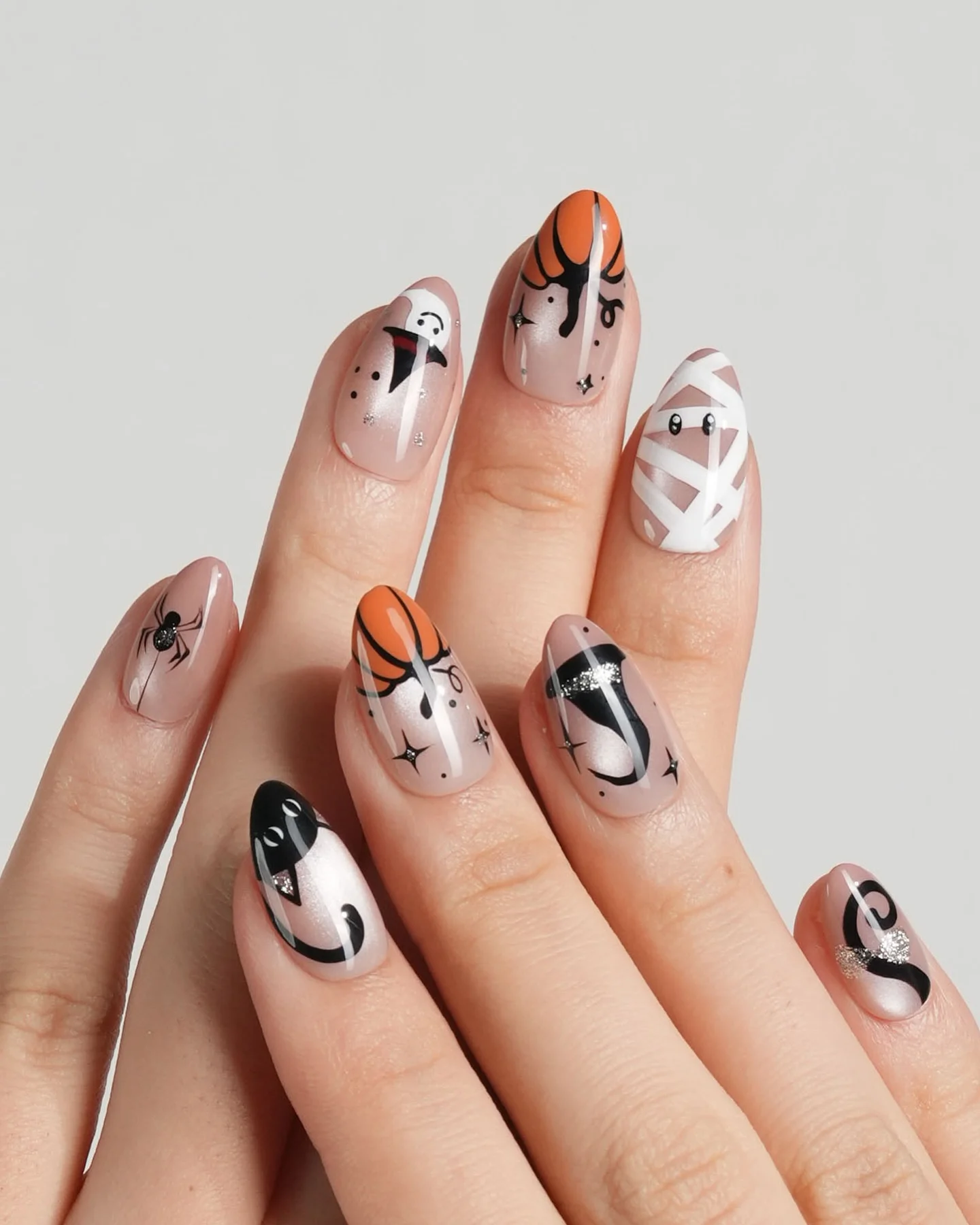 halloween nail art 2026 Glamorous Ghosts With Orange French Tips