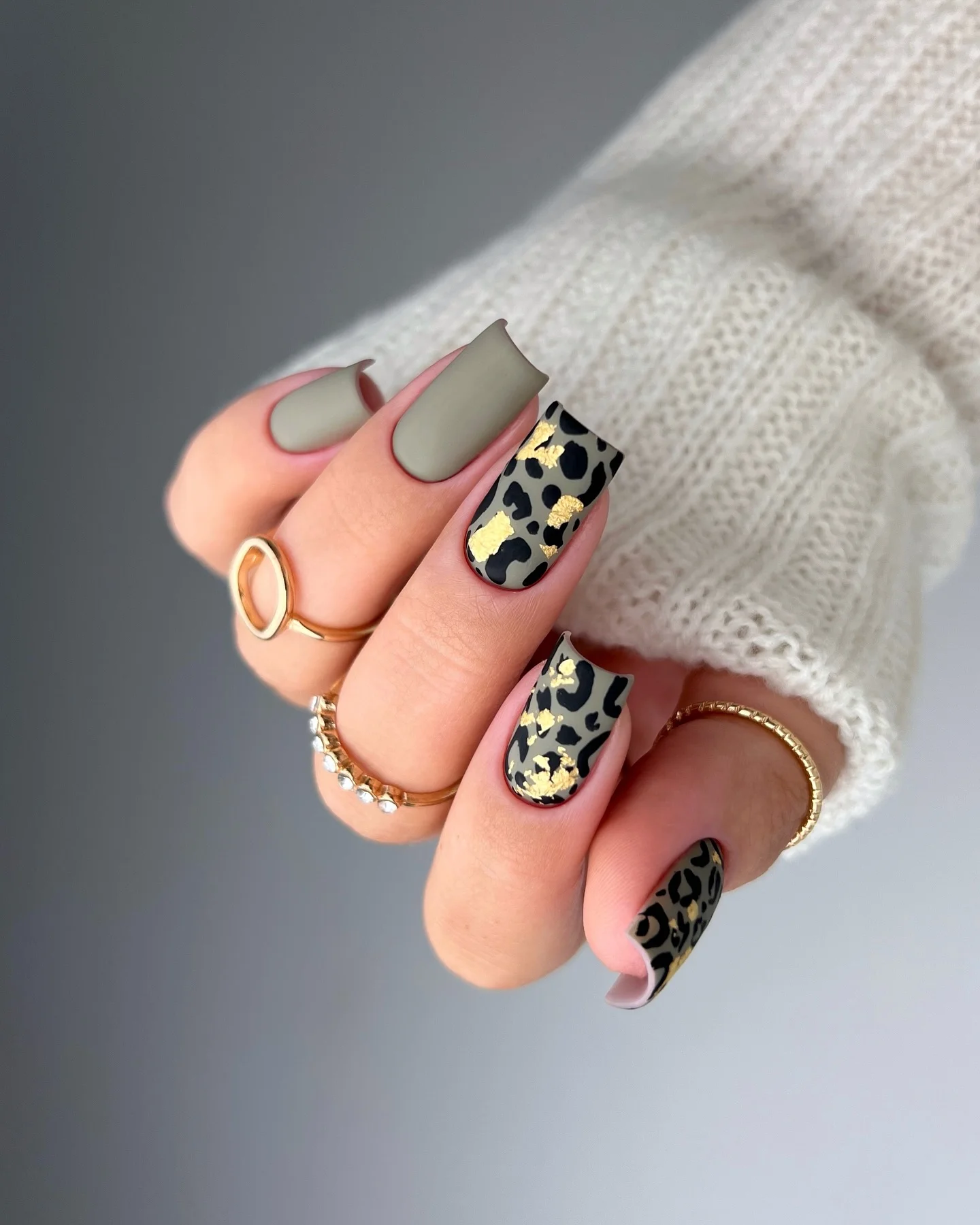 matte fall nails design 2026 Matte Olive Green Nails With Leopard and Gold Details
