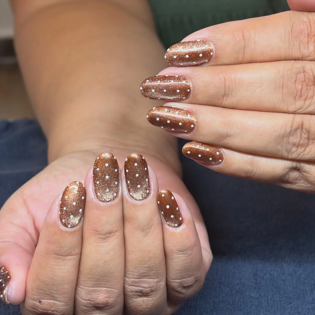 polka dot fall nails 2026 Bronzed Mocha Shimmer With Tiny Ivory Dots