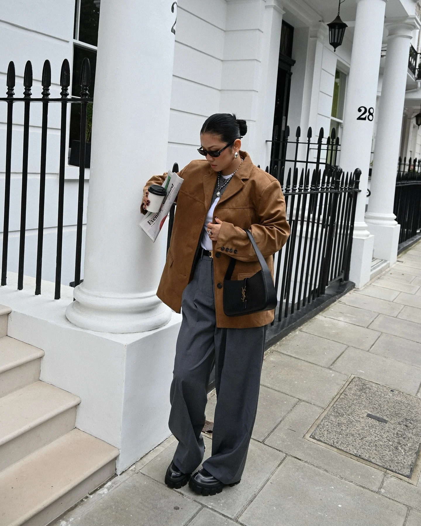 september fashion trends 2026 Suede Jacket With Relaxed Tailored Trousers